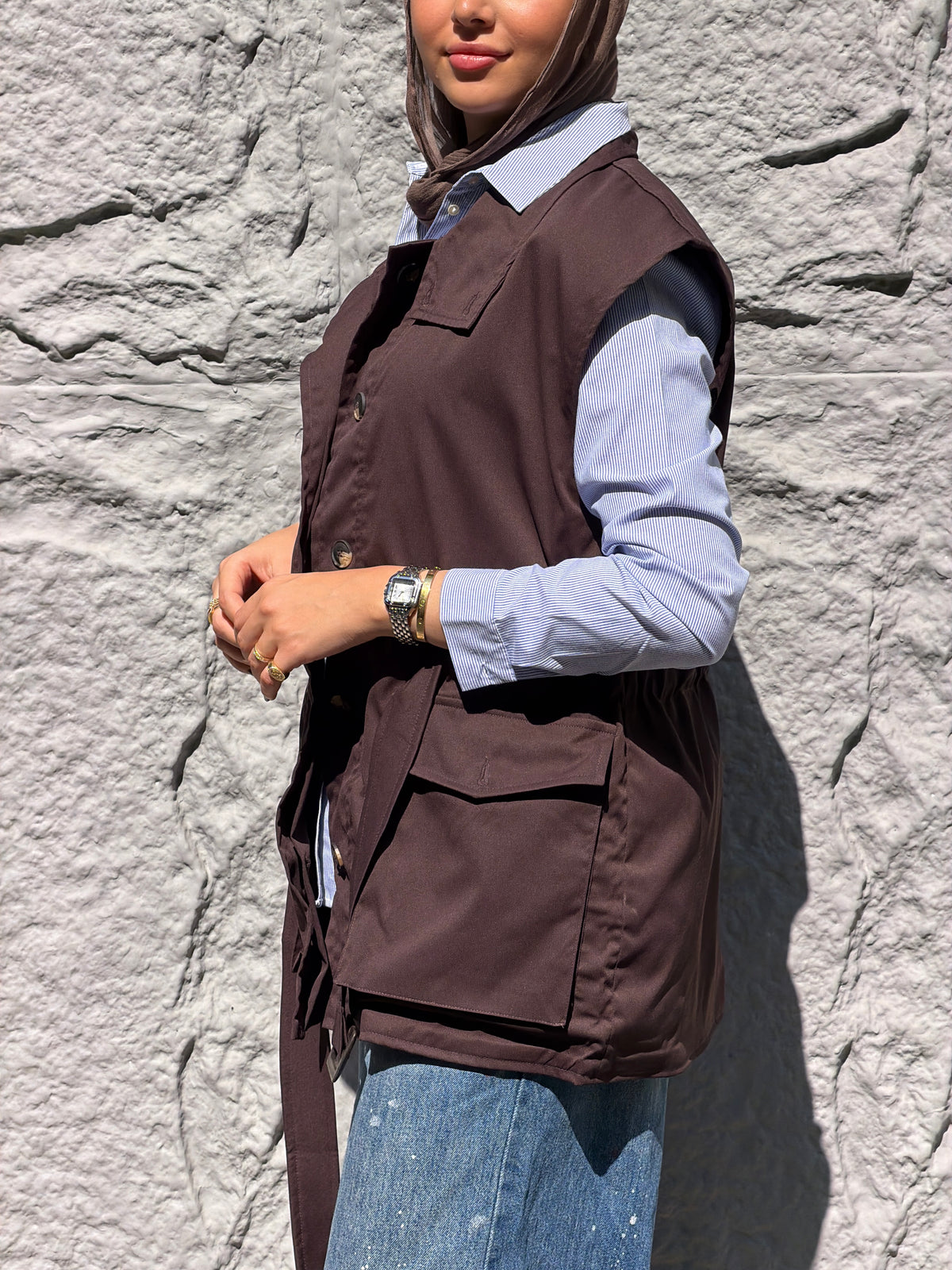 Belted Collar Vest in brown