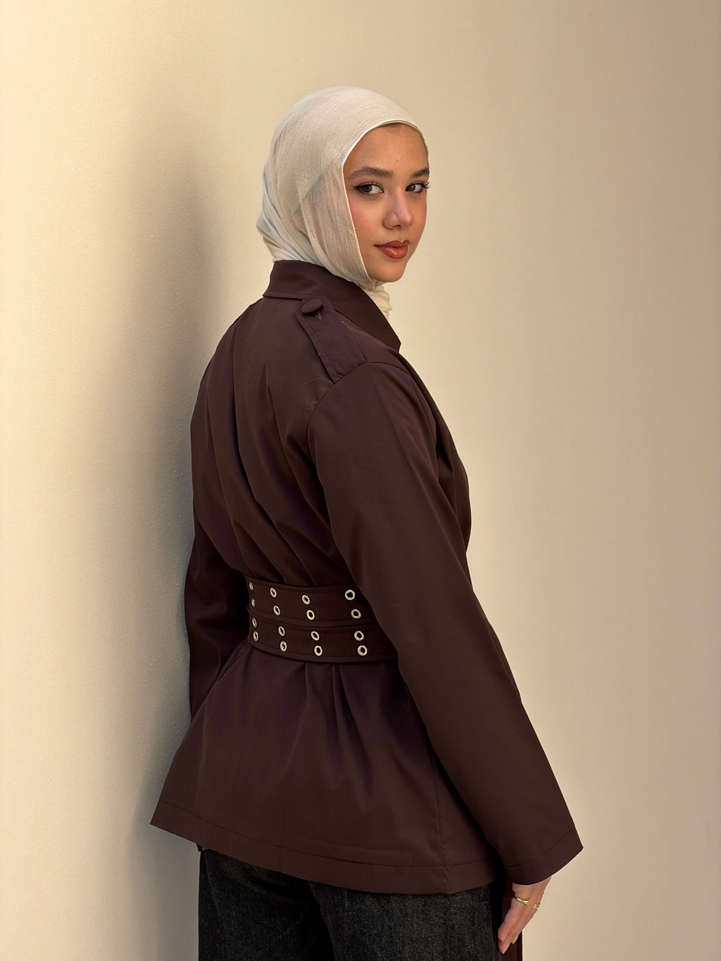 Double Belt Short Trench Coat in dark brown