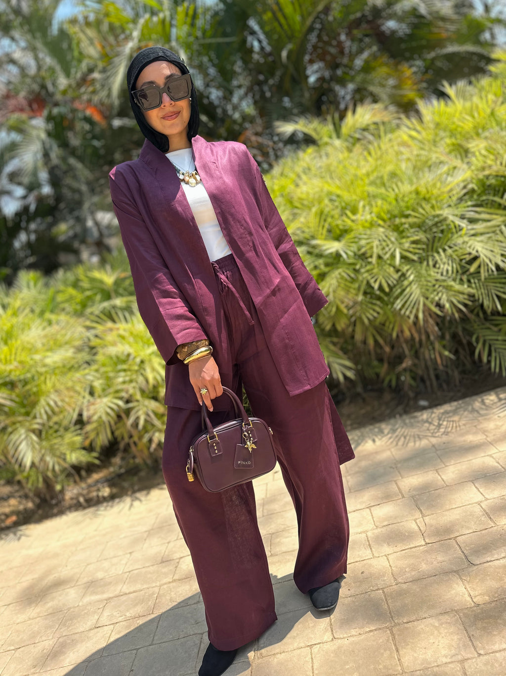 Pure linen set in burgundy