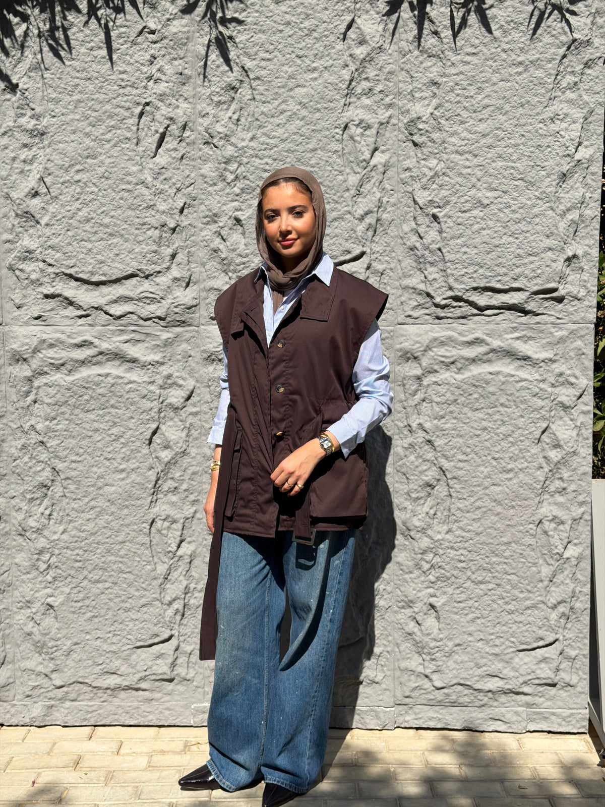 Belted Collar Vest in brown