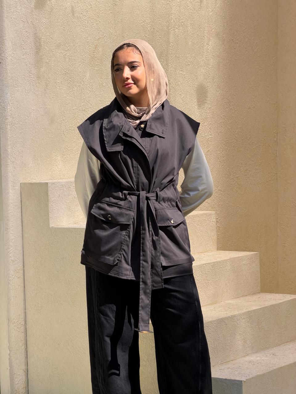 Belted Collar Vest in charcoal grey
