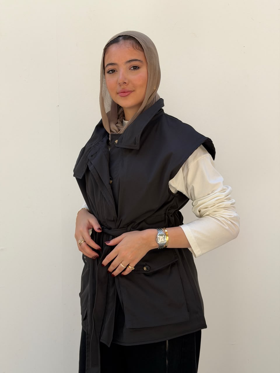 Belted Collar Vest in charcoal grey