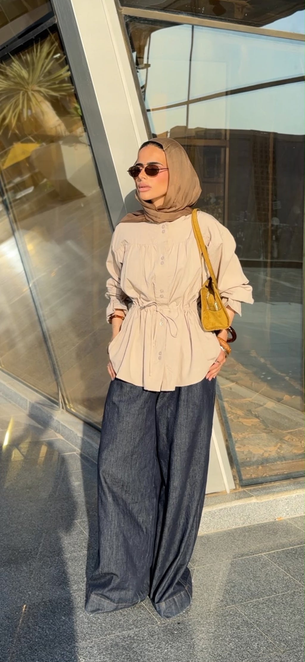 Nude beige crinkled  waist tie shirt