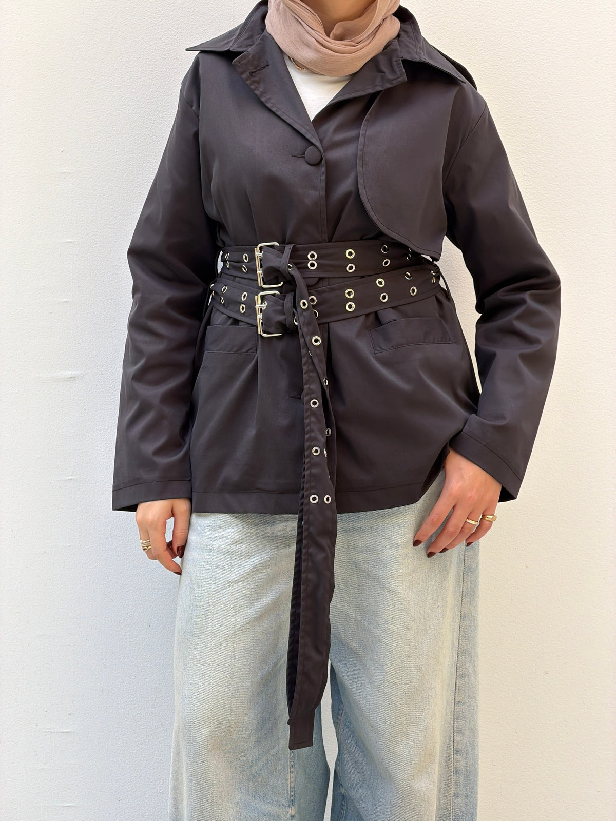 Double Belt Short Trench Coat in grey