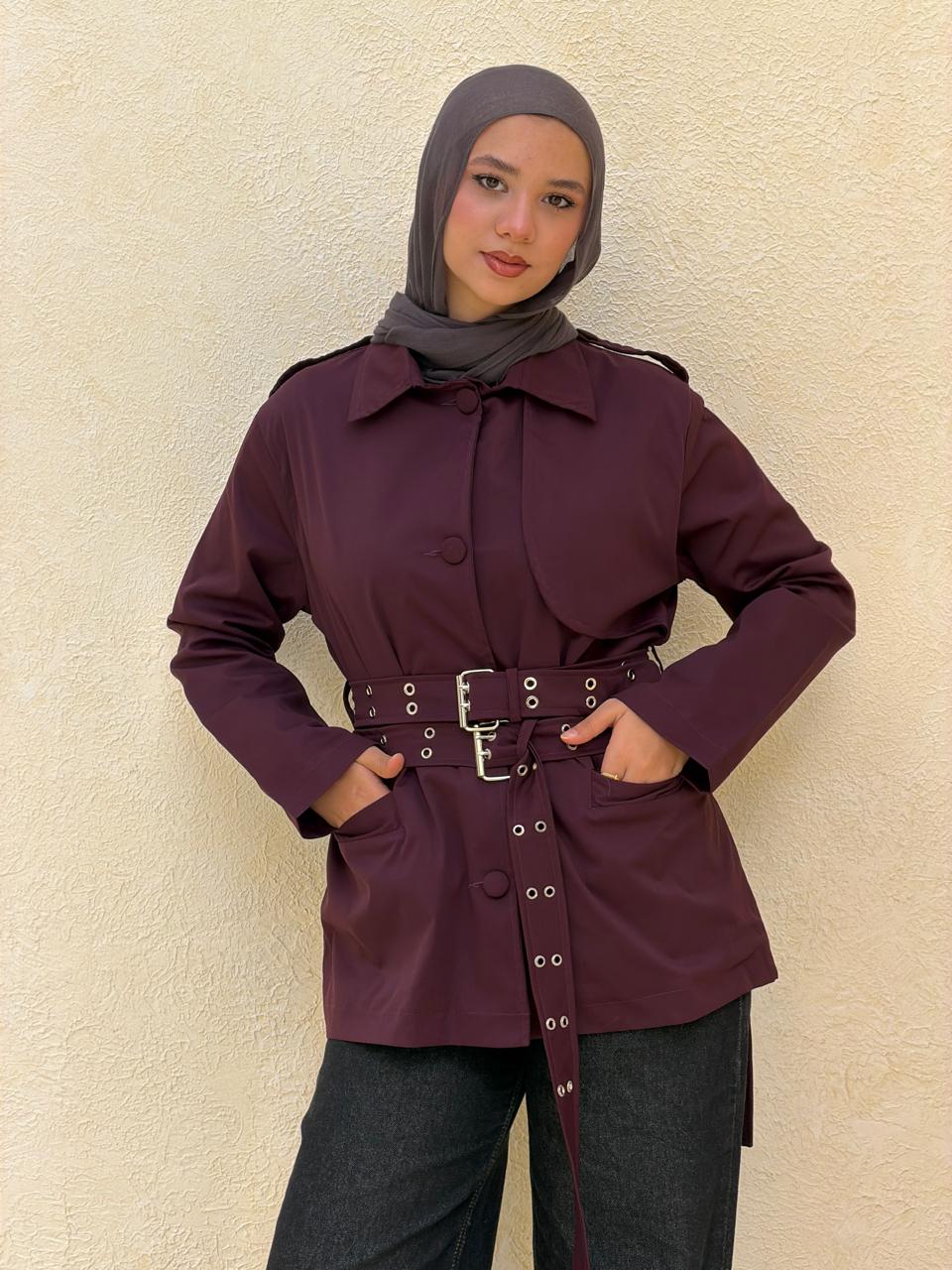 Double Belt Short Trench Coat in burgundy