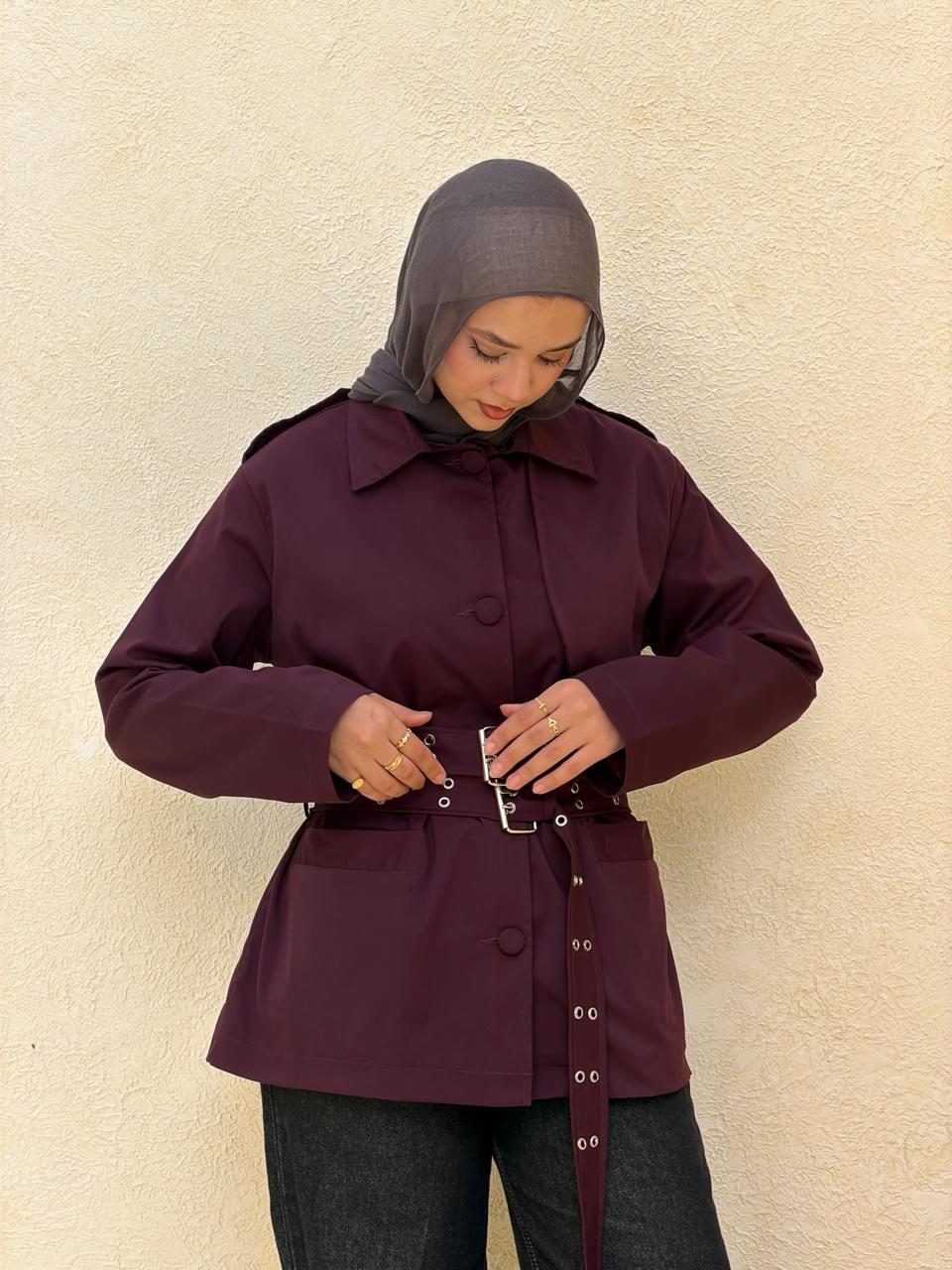 Double Belt Short Trench Coat in burgundy