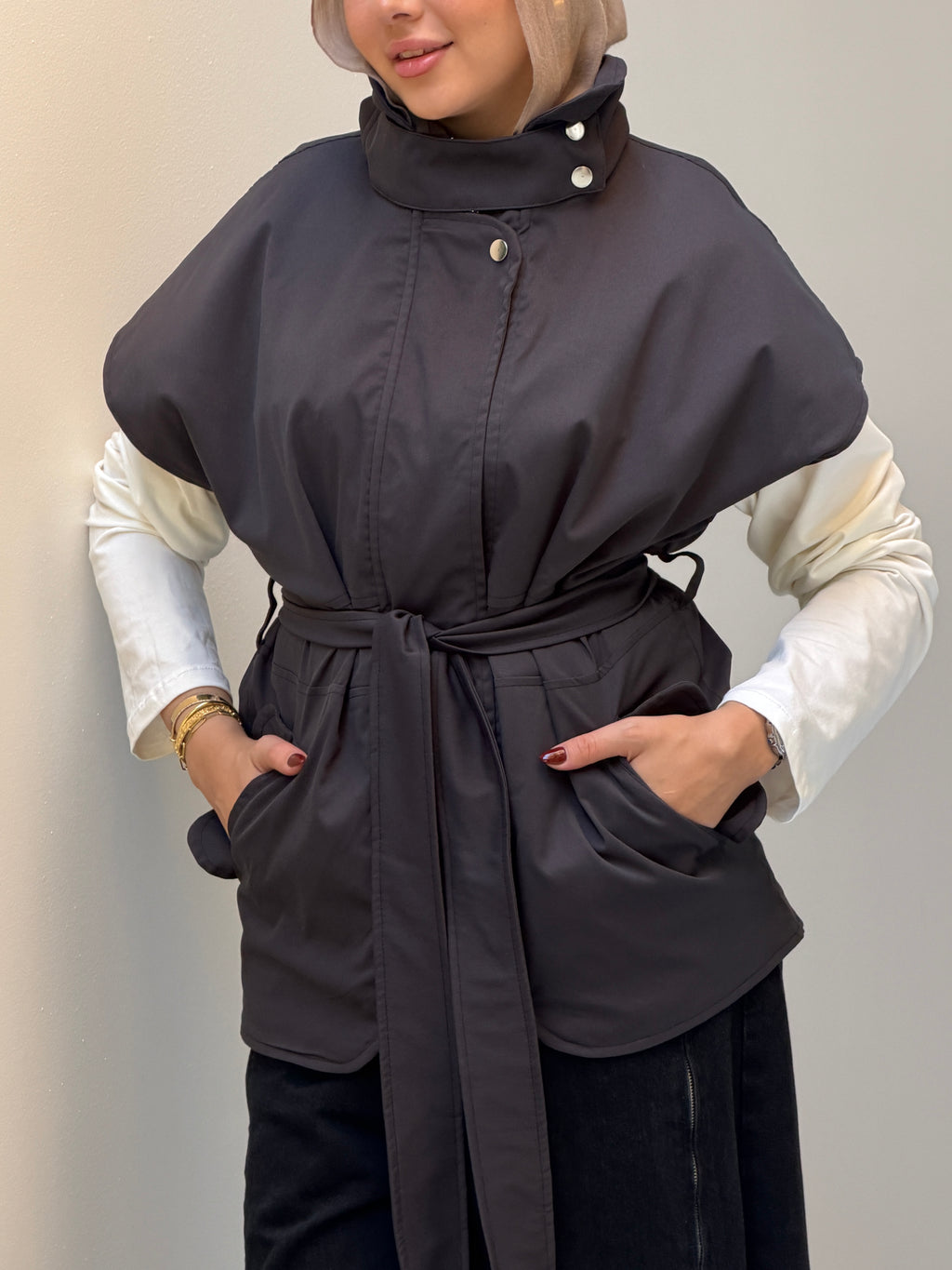 Statement Belt Vest in charcoal grey