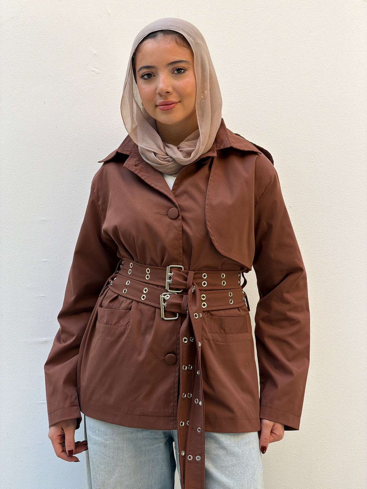 Double Belt Short Trench Coat in camel
