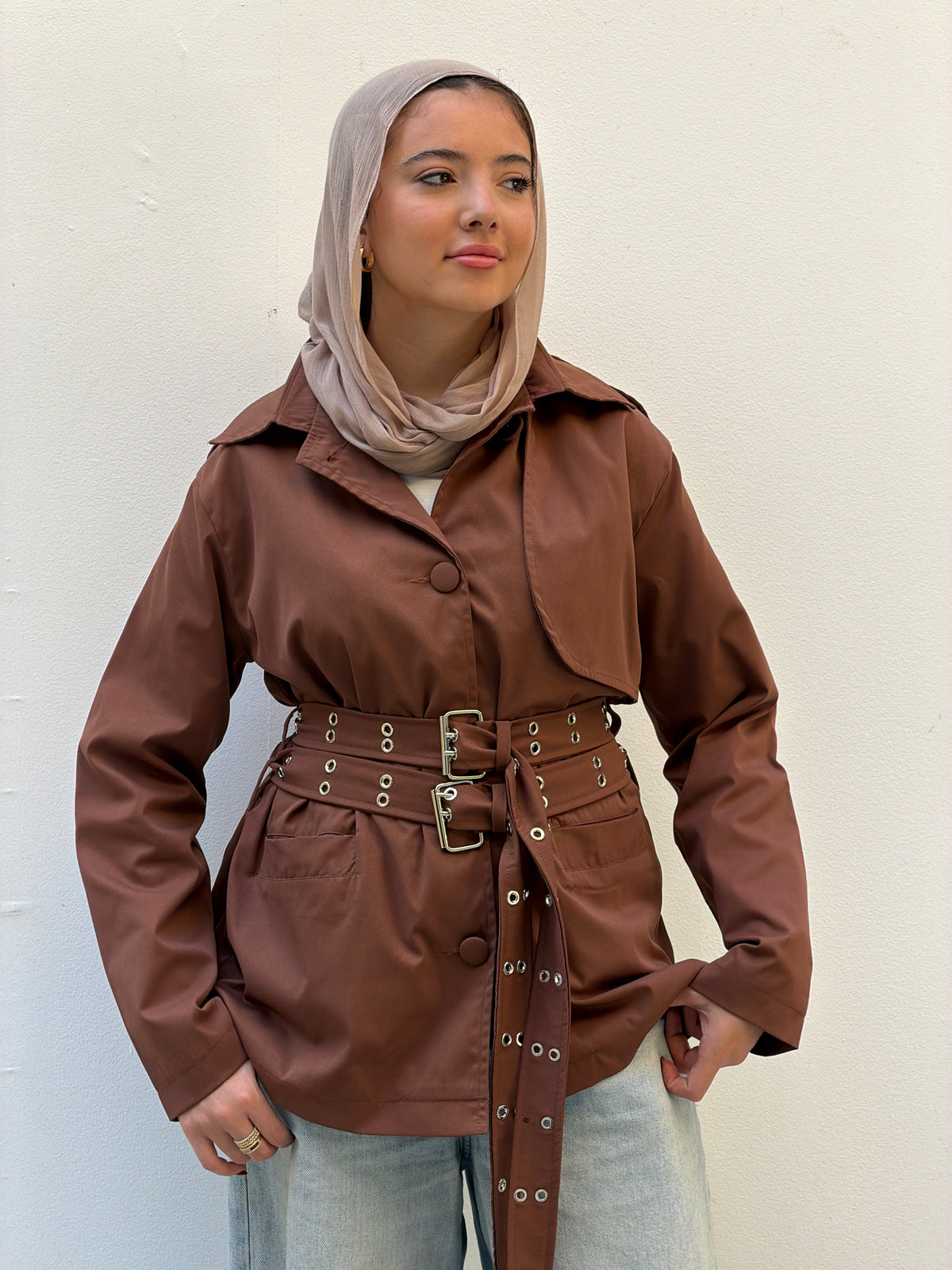 Double Belt Short Trench Coat in camel