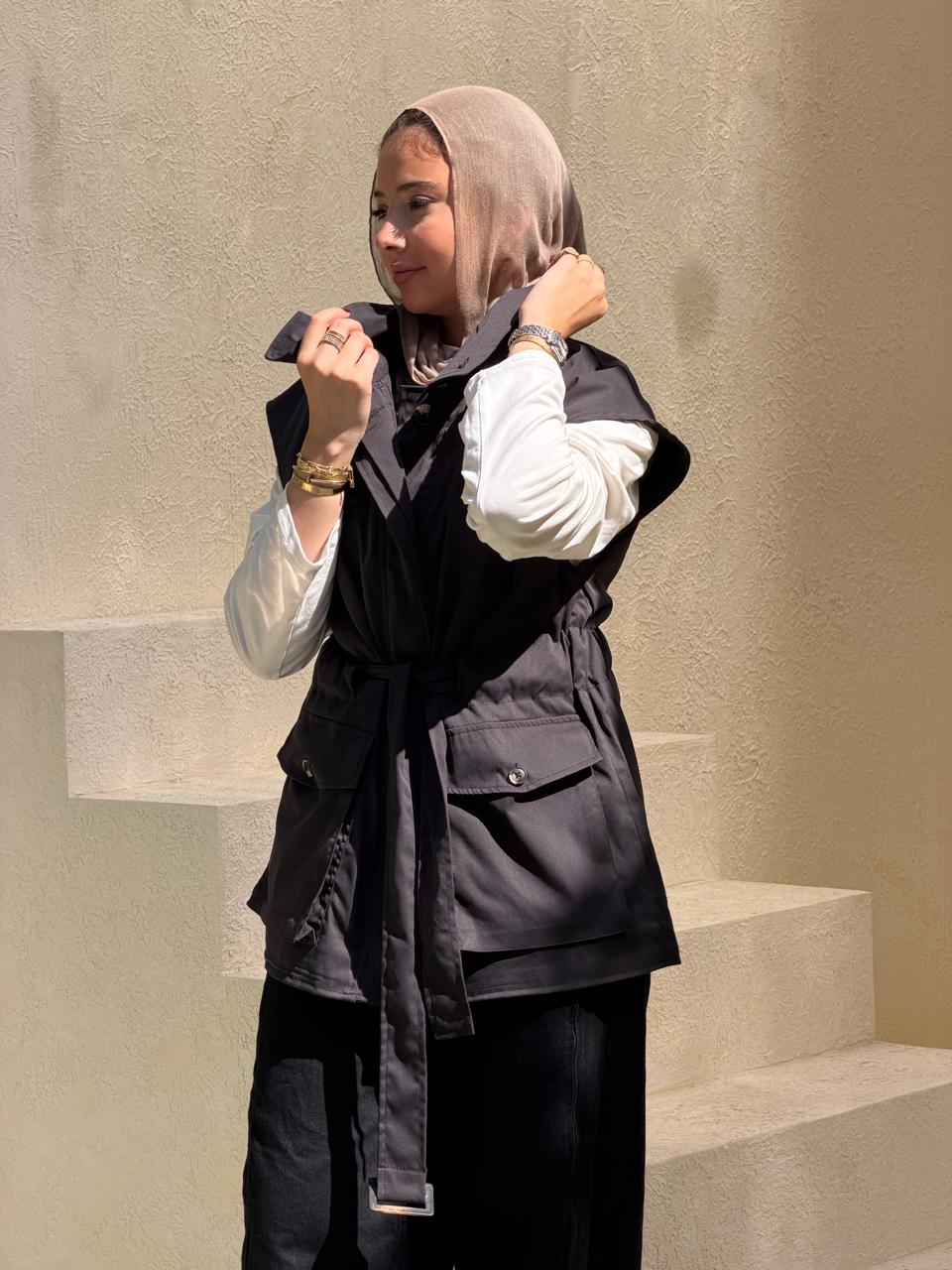 Belted Collar Vest in charcoal grey