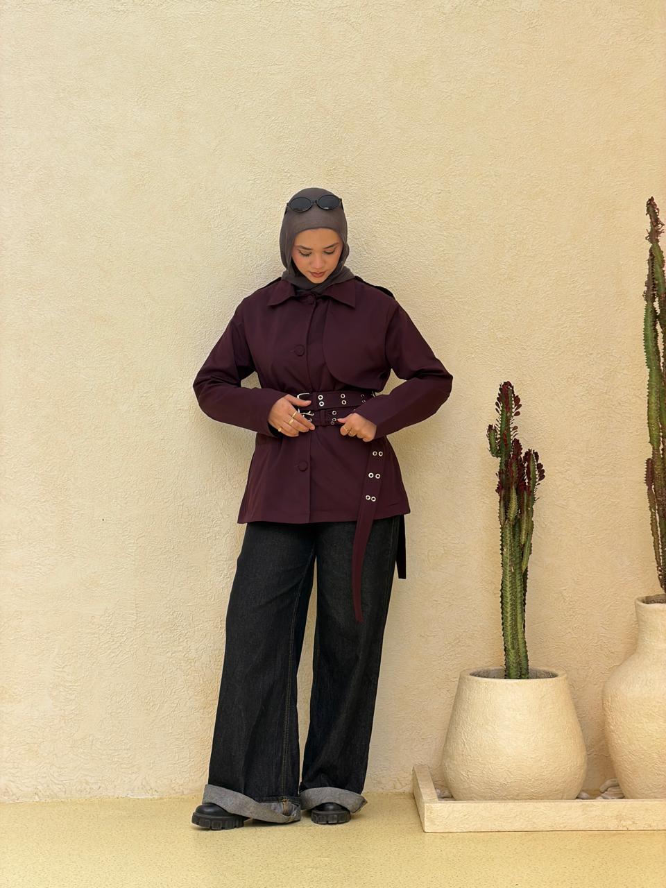 Double Belt Short Trench Coat in burgundy