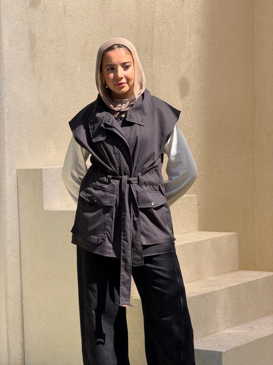 Belted Collar Vest in charcoal grey