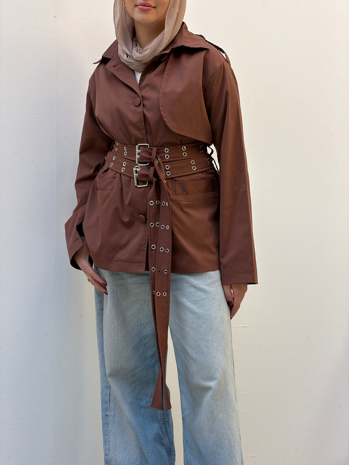 Double Belt Short Trench Coat in camel