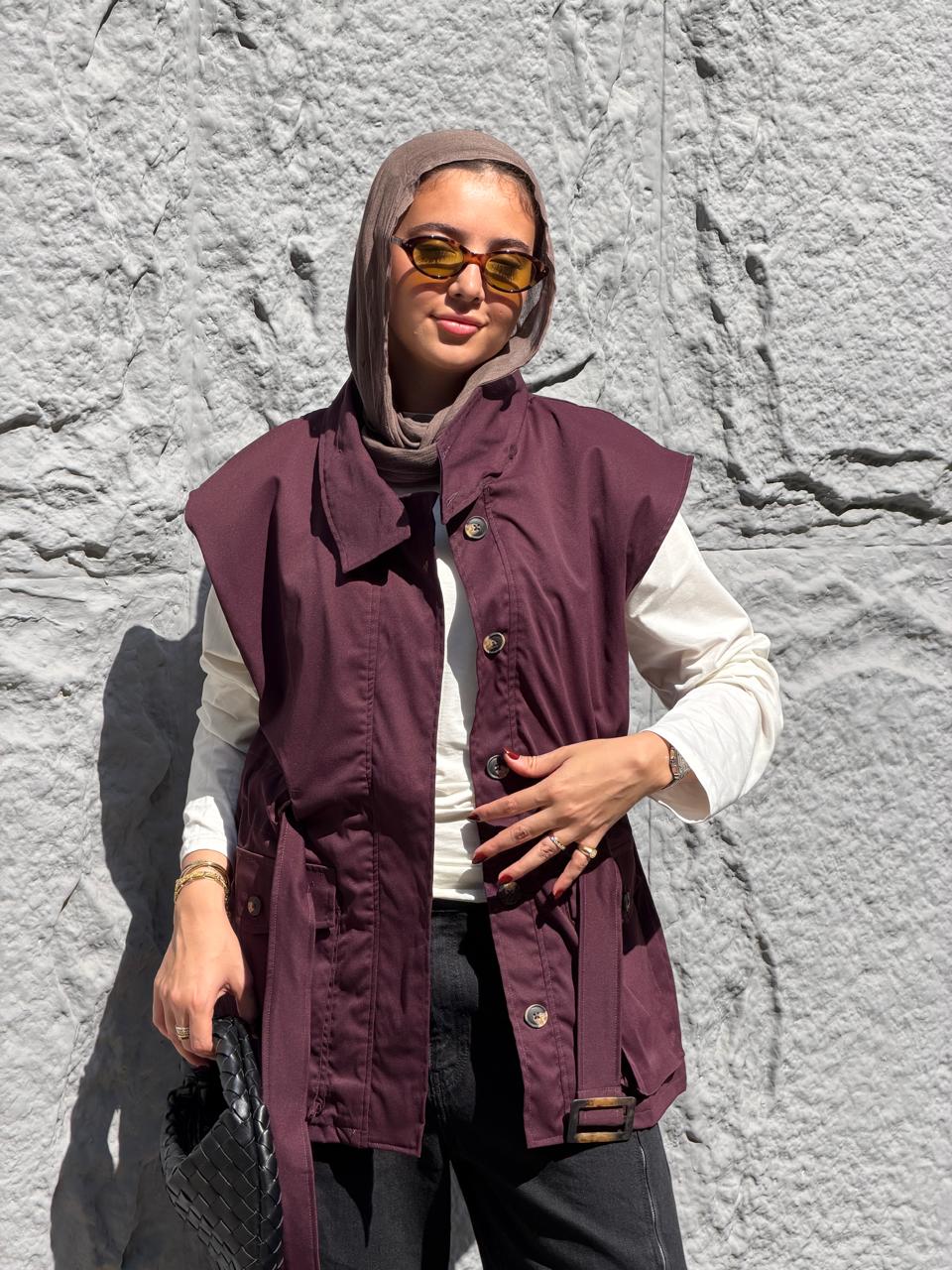 Belted Collar Vest in burgundy