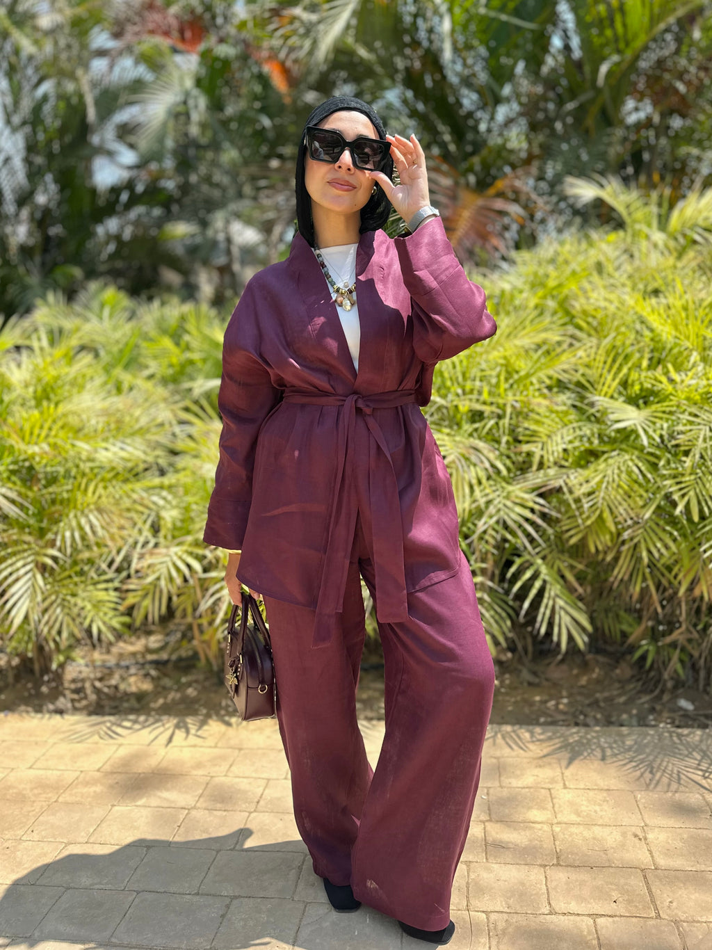 Pure linen set in burgundy
