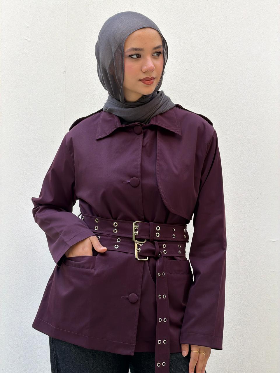 Double Belt Short Trench Coat in burgundy