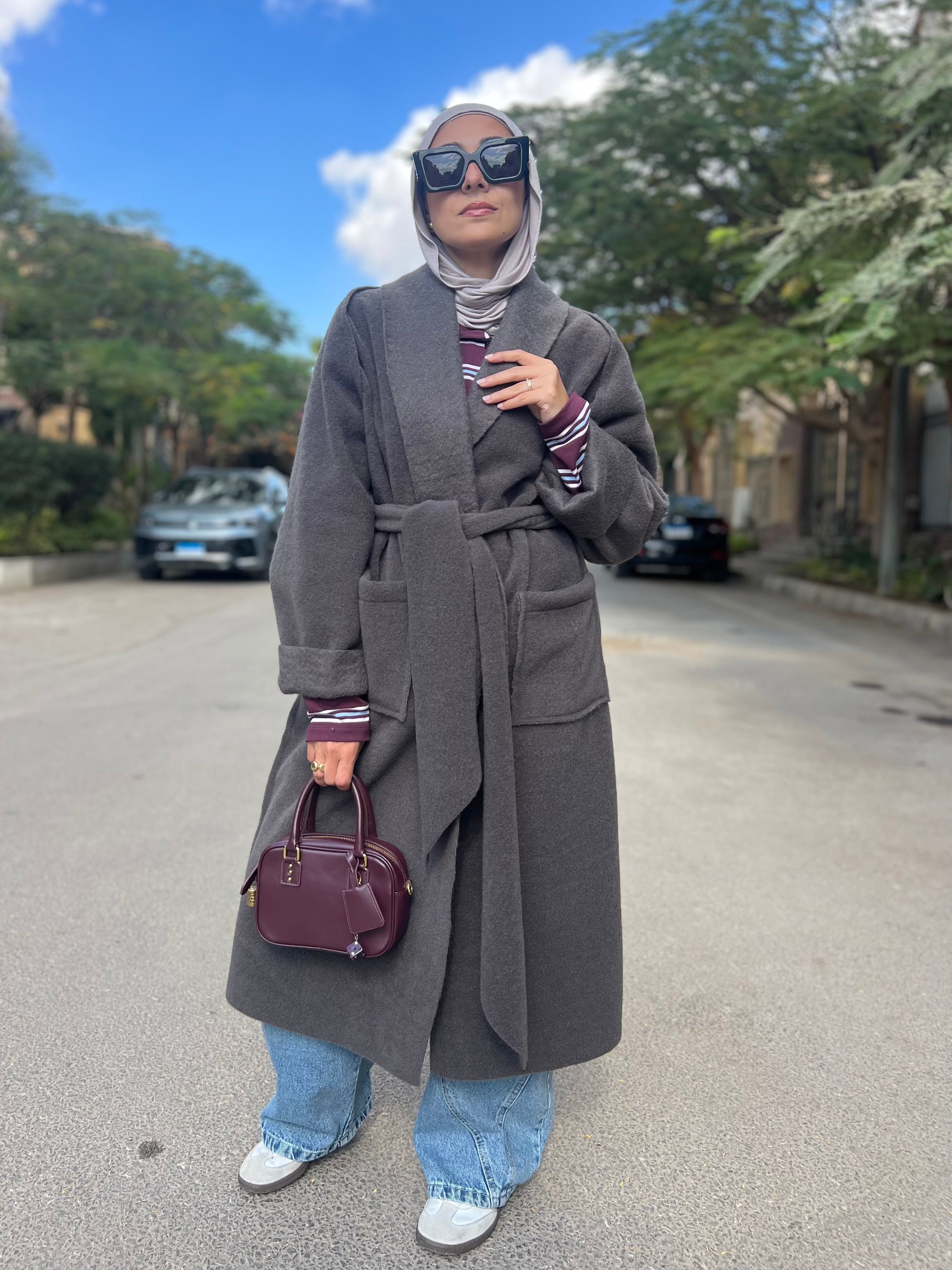 Mohair Wool Robe-Style Coat — Dark Charcoal Grey