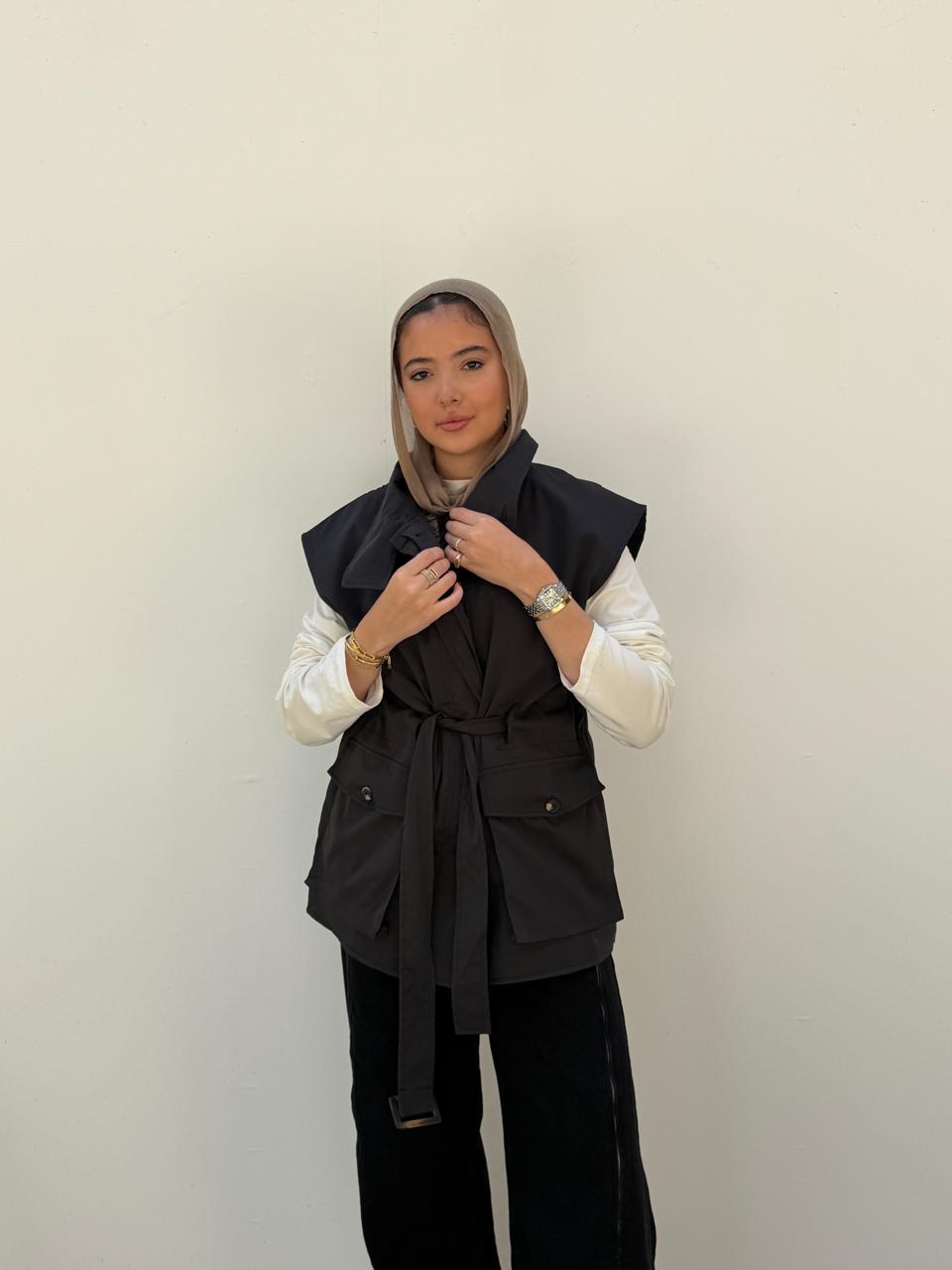 Belted Collar Vest in charcoal grey
