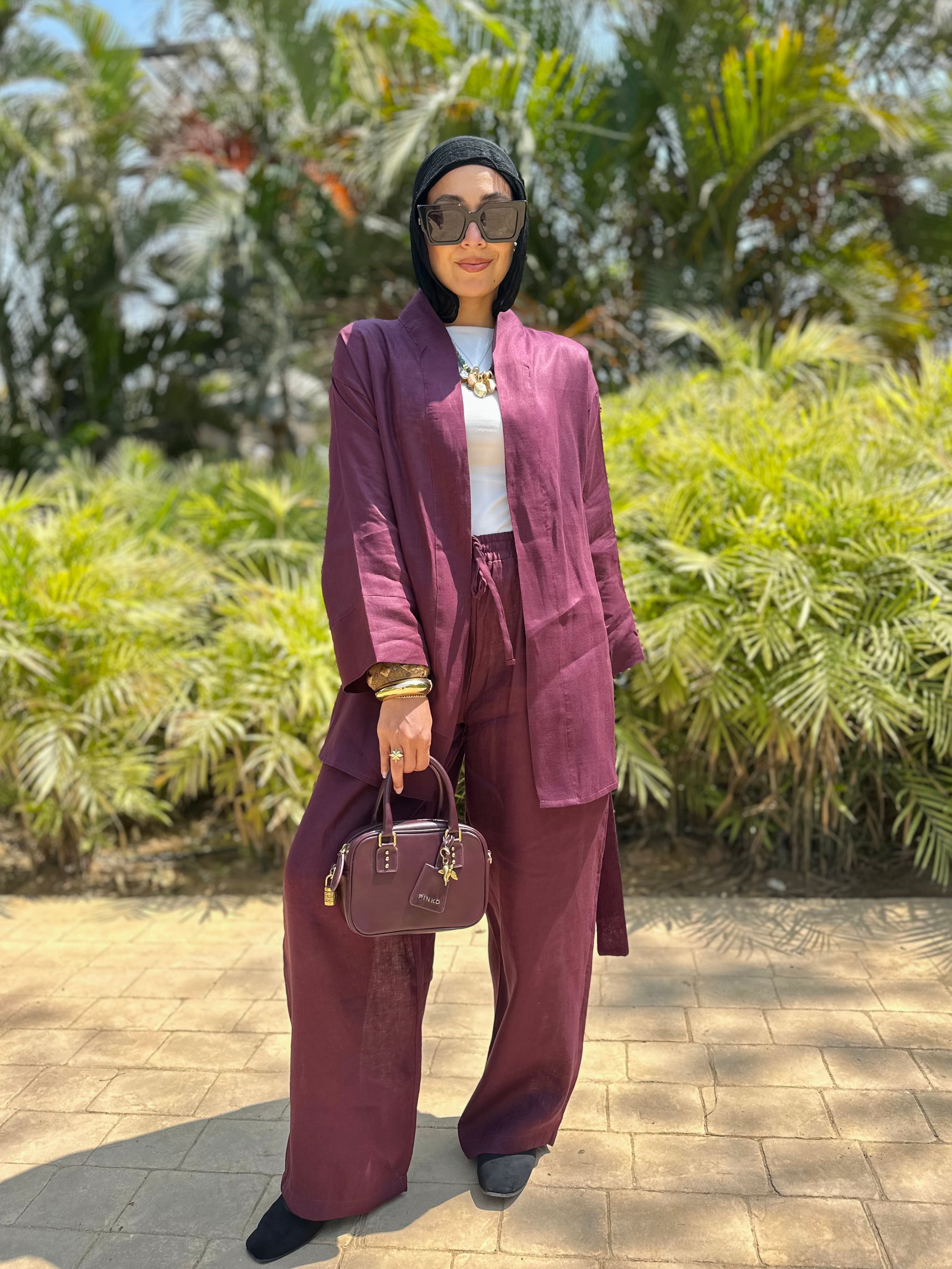 Pure linen set in burgundy