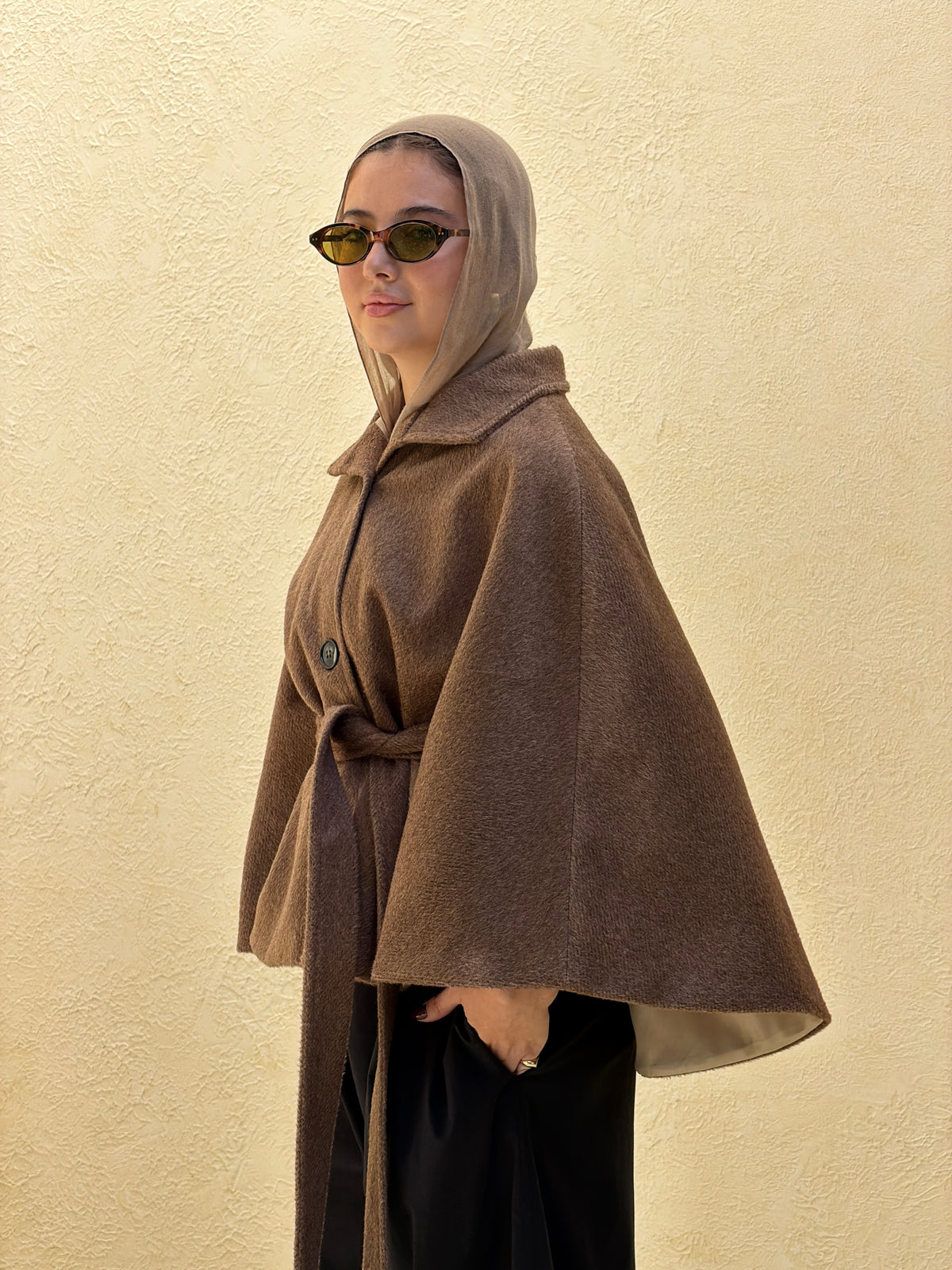 Funnel Neck Cape jacket in cafe