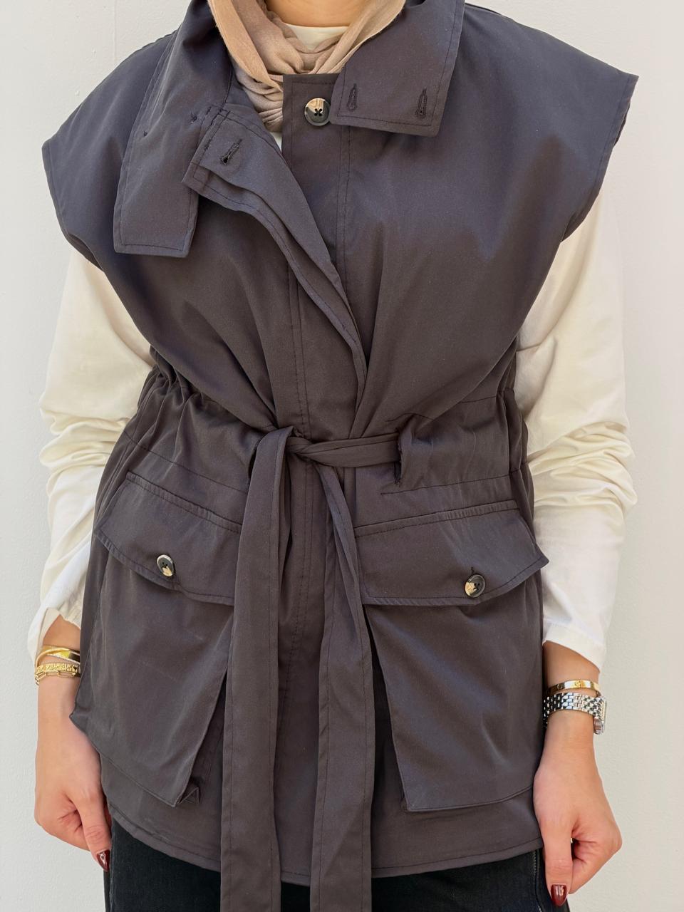 Belted Collar Vest in charcoal grey