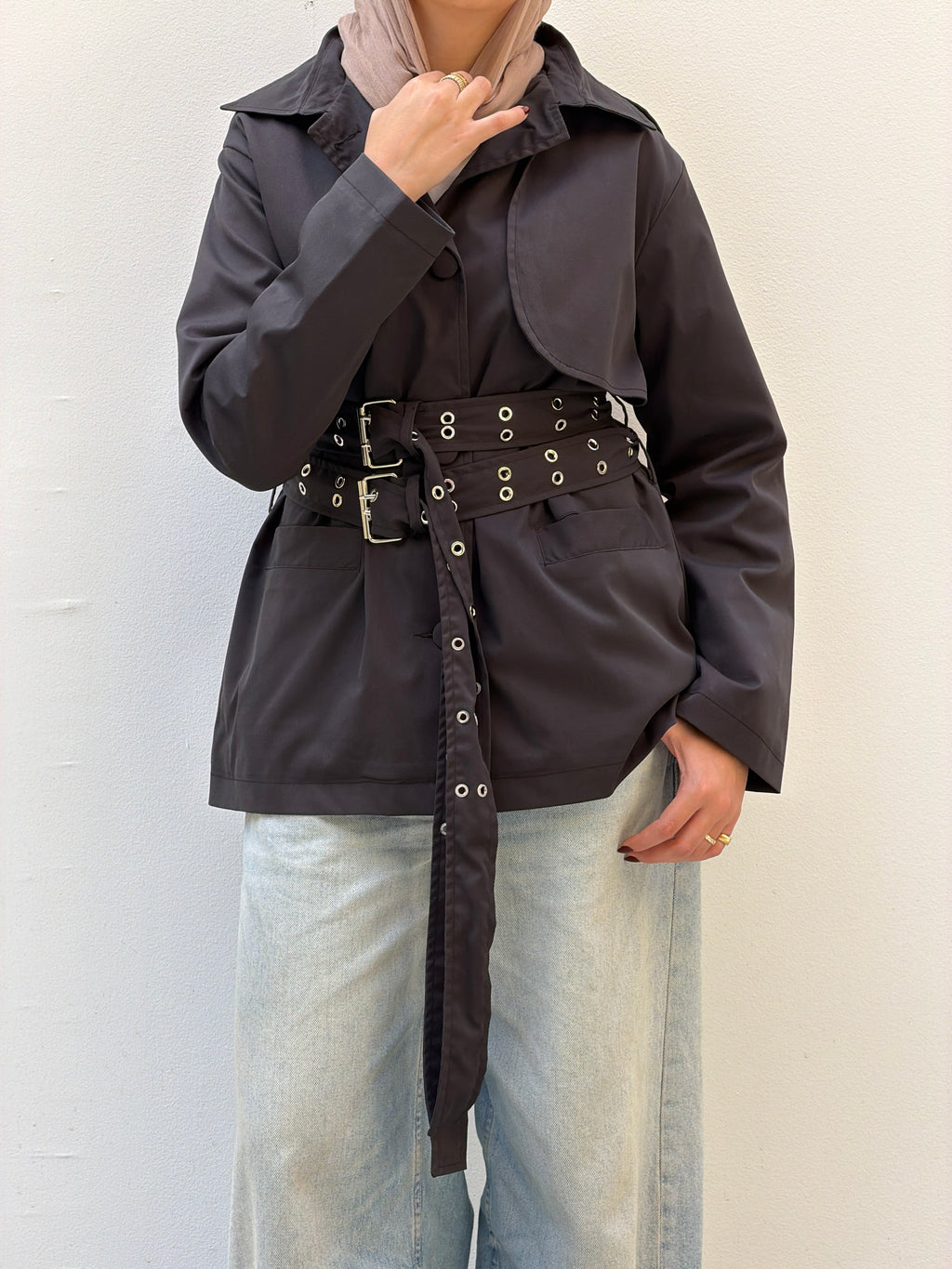 Double Belt Short Trench Coat in grey