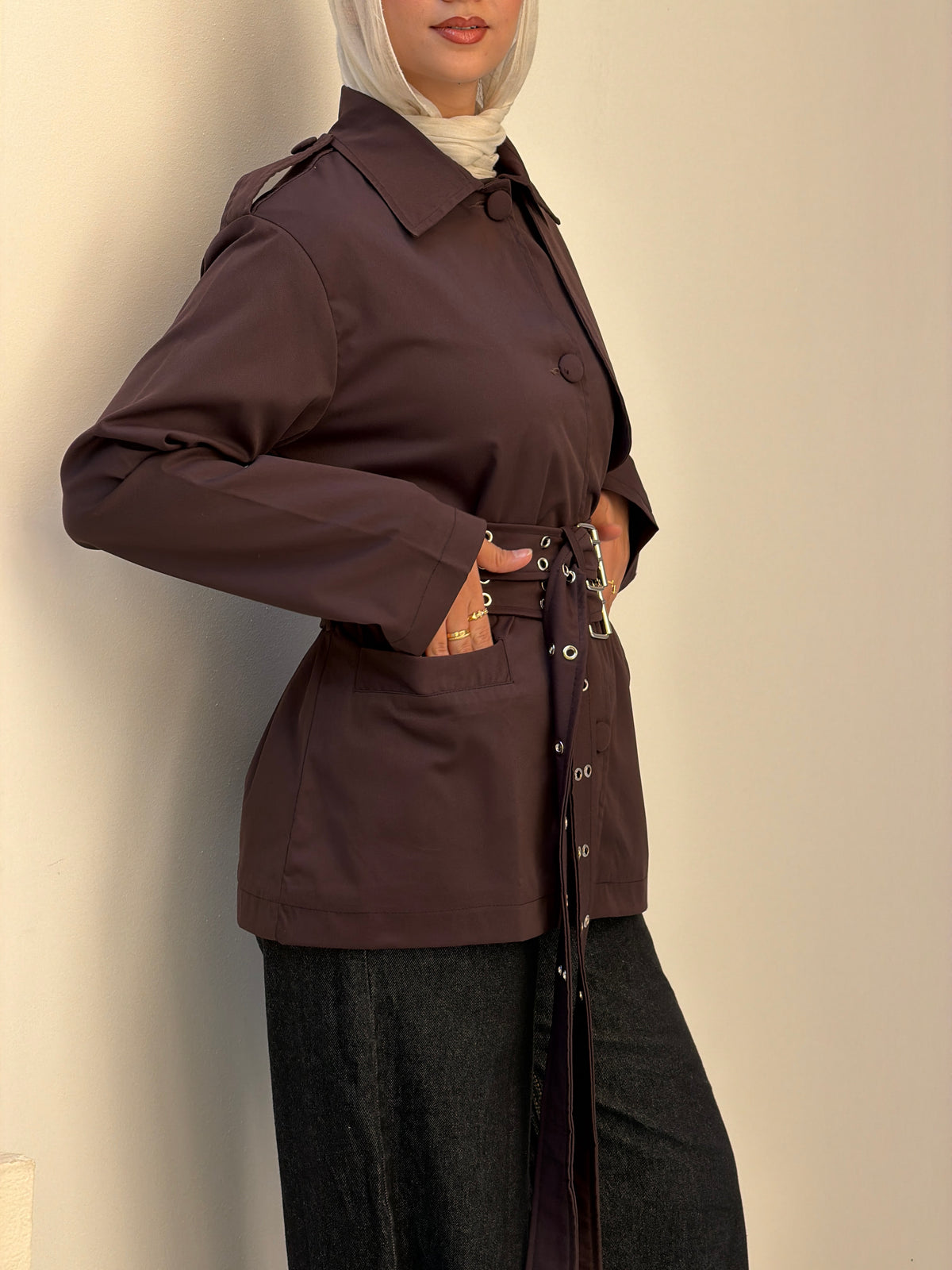 Double Belt Short Trench Coat in dark brown