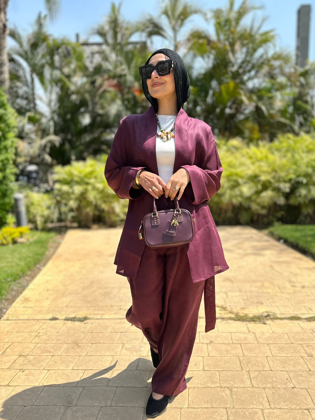Pure linen set in burgundy