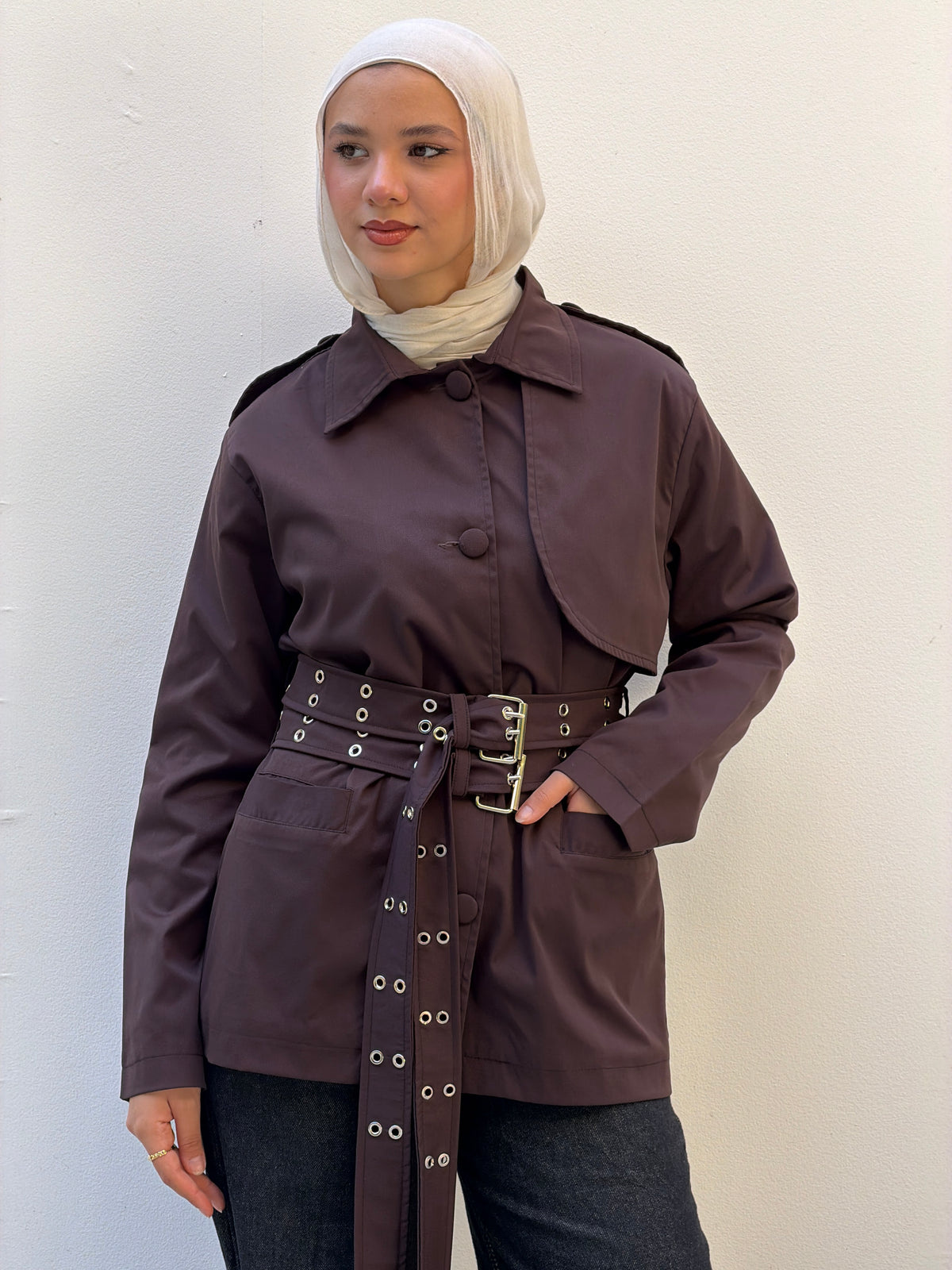 Double Belt Short Trench Coat in dark brown