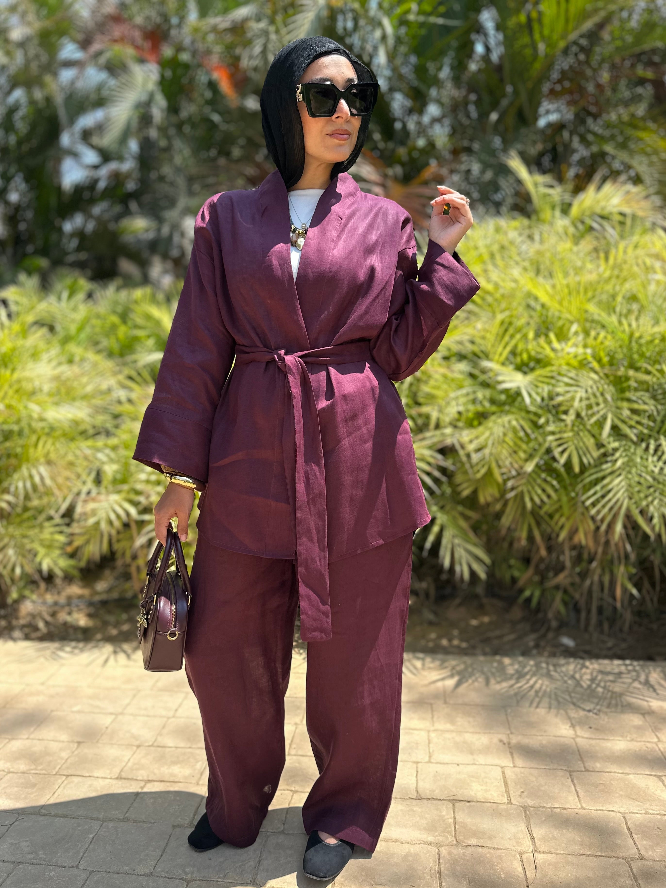 Pure linen set in burgundy