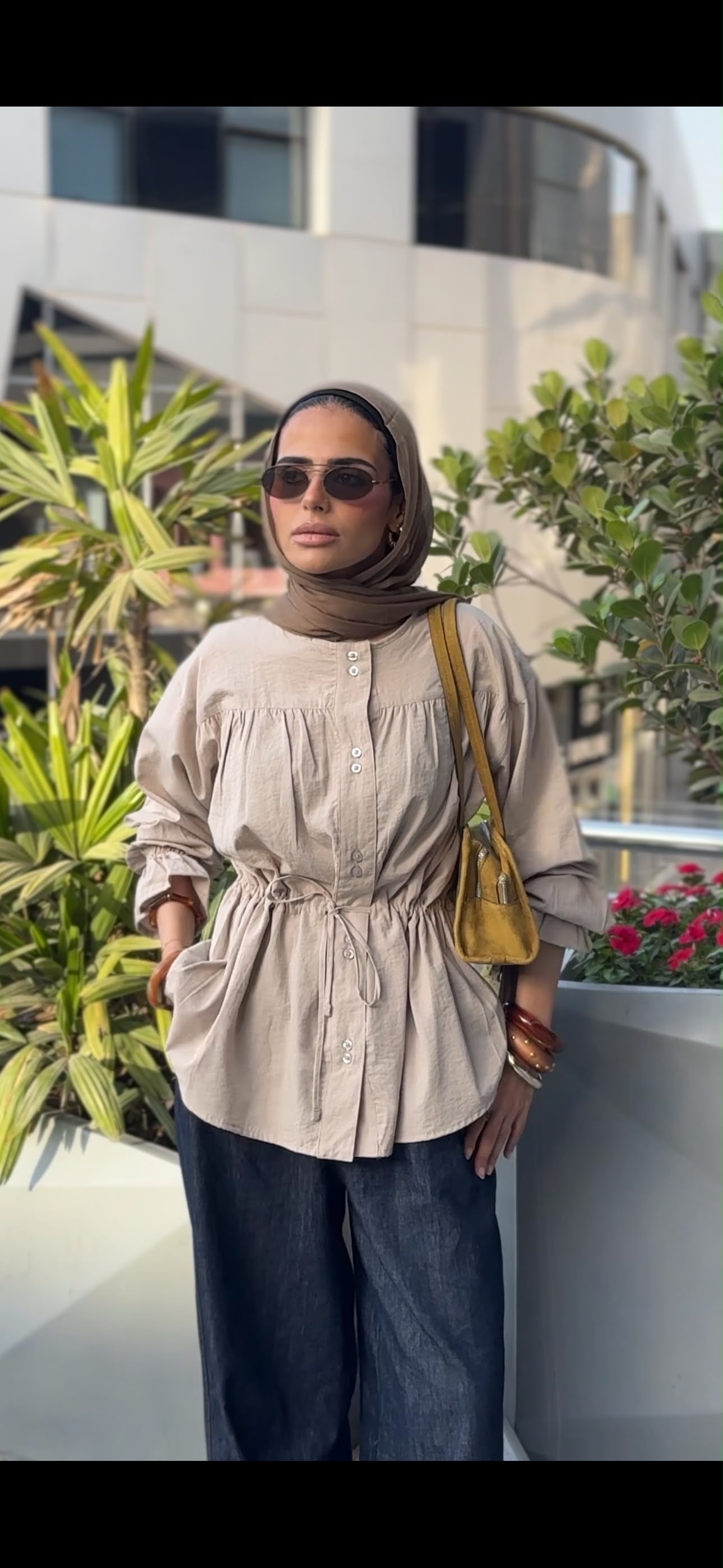 Nude beige crinkled  waist tie shirt