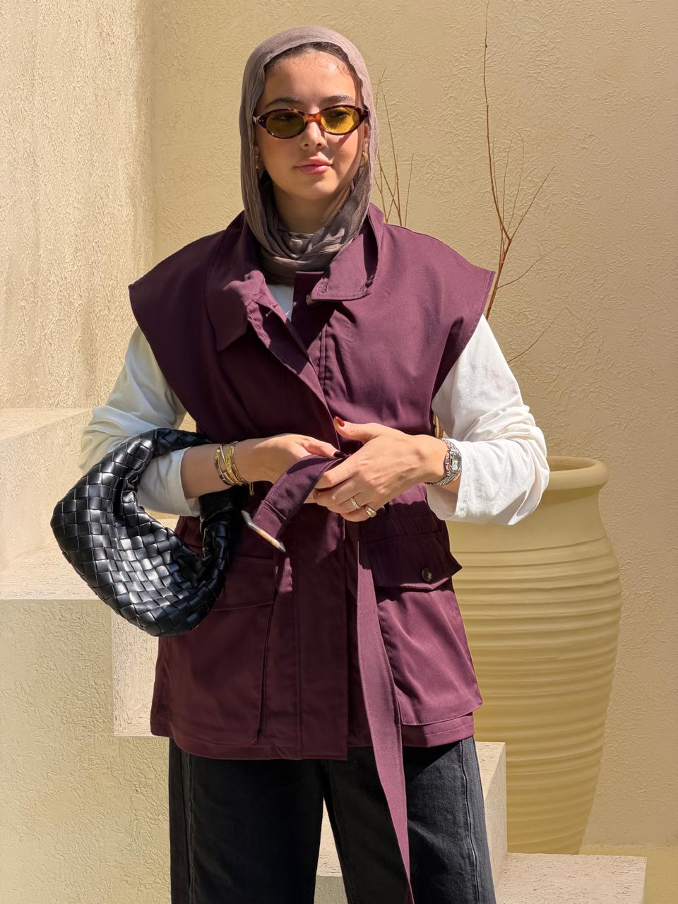 Belted Collar Vest in burgundy