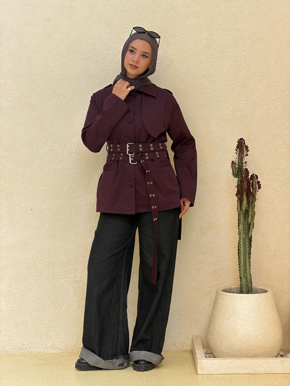Double Belt Short Trench Coat in burgundy
