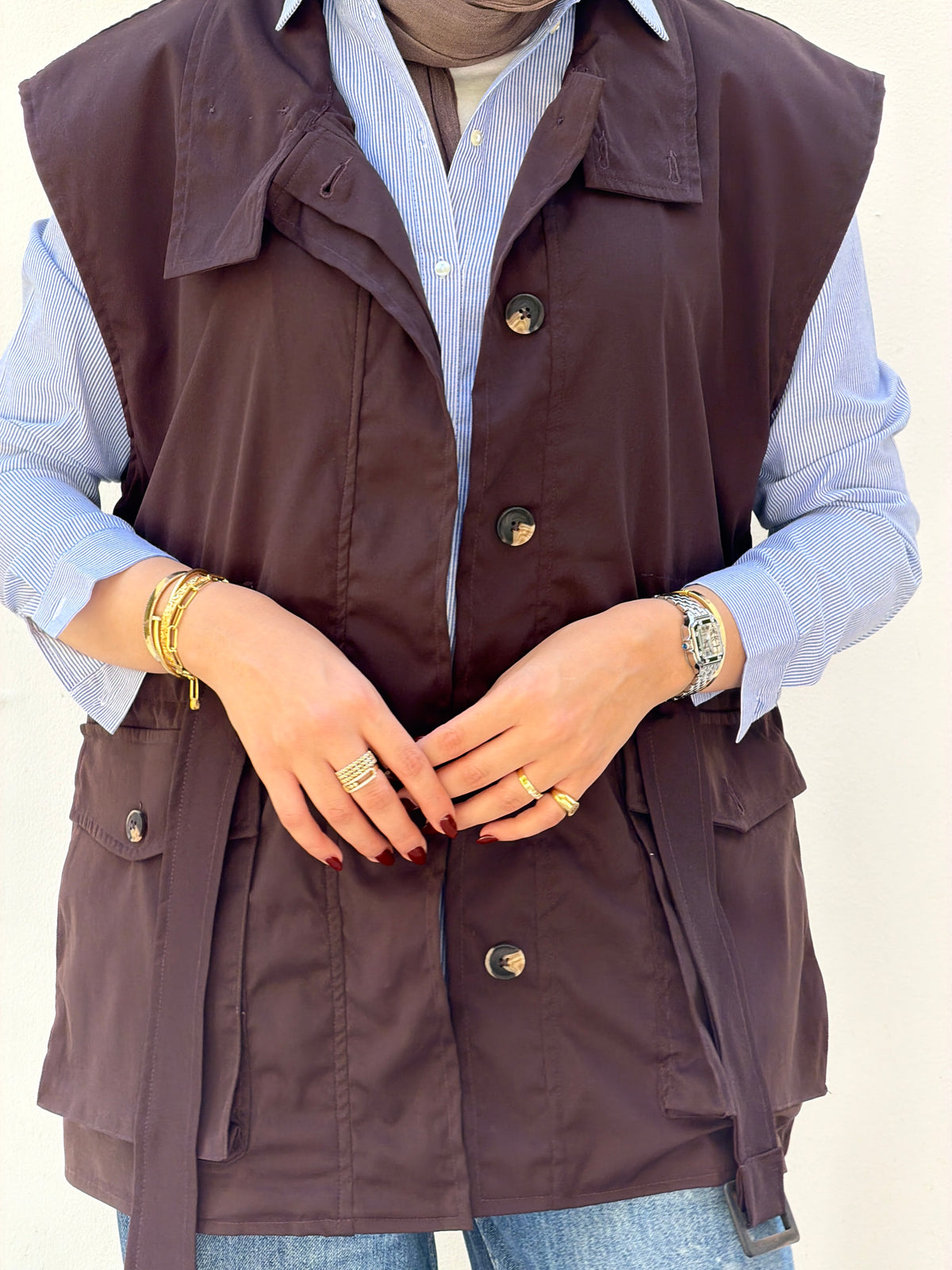 Belted Collar Vest in brown