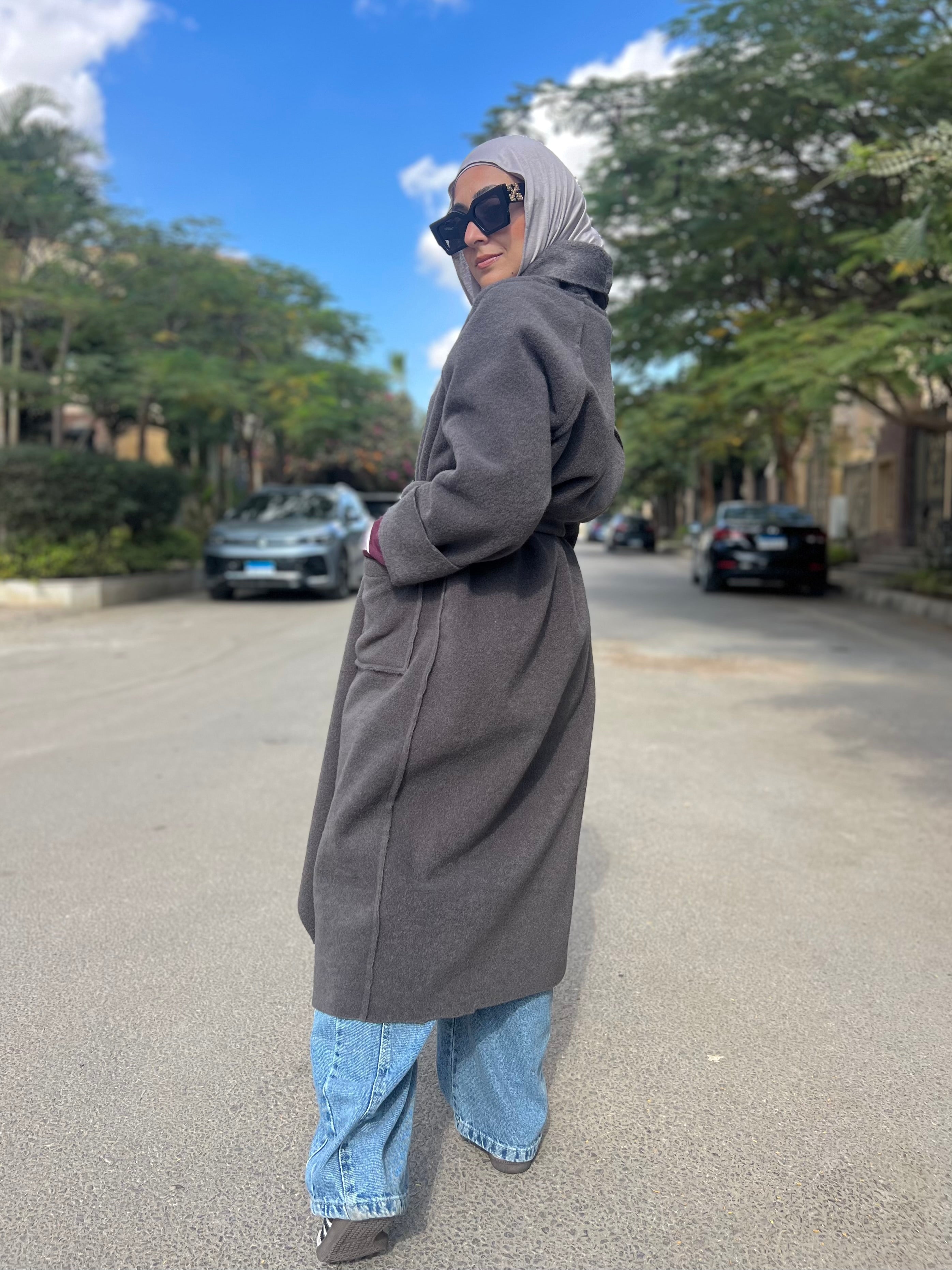 Mohair Wool Robe-Style Coat — Dark Charcoal Grey