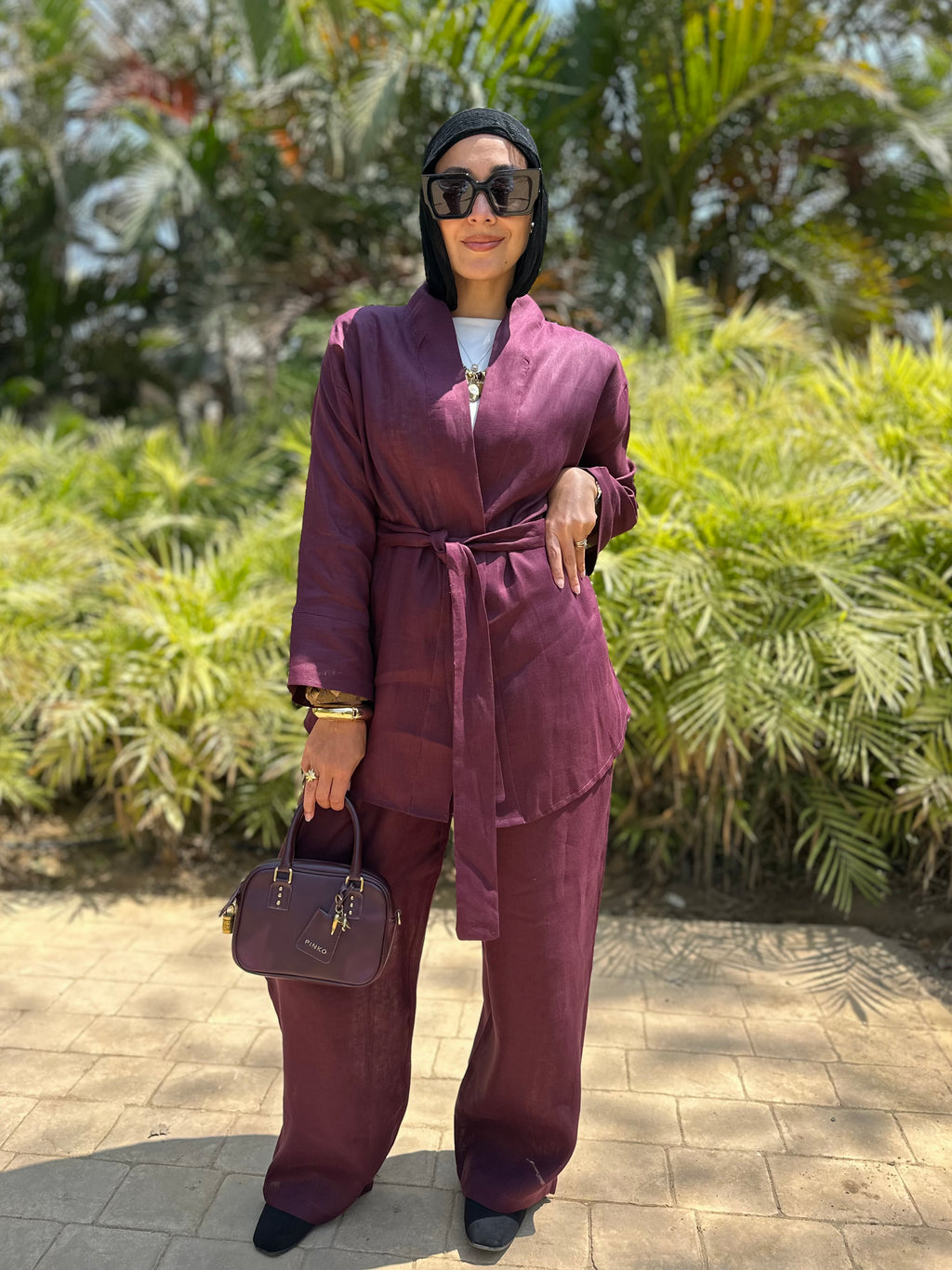 Pure linen set in burgundy