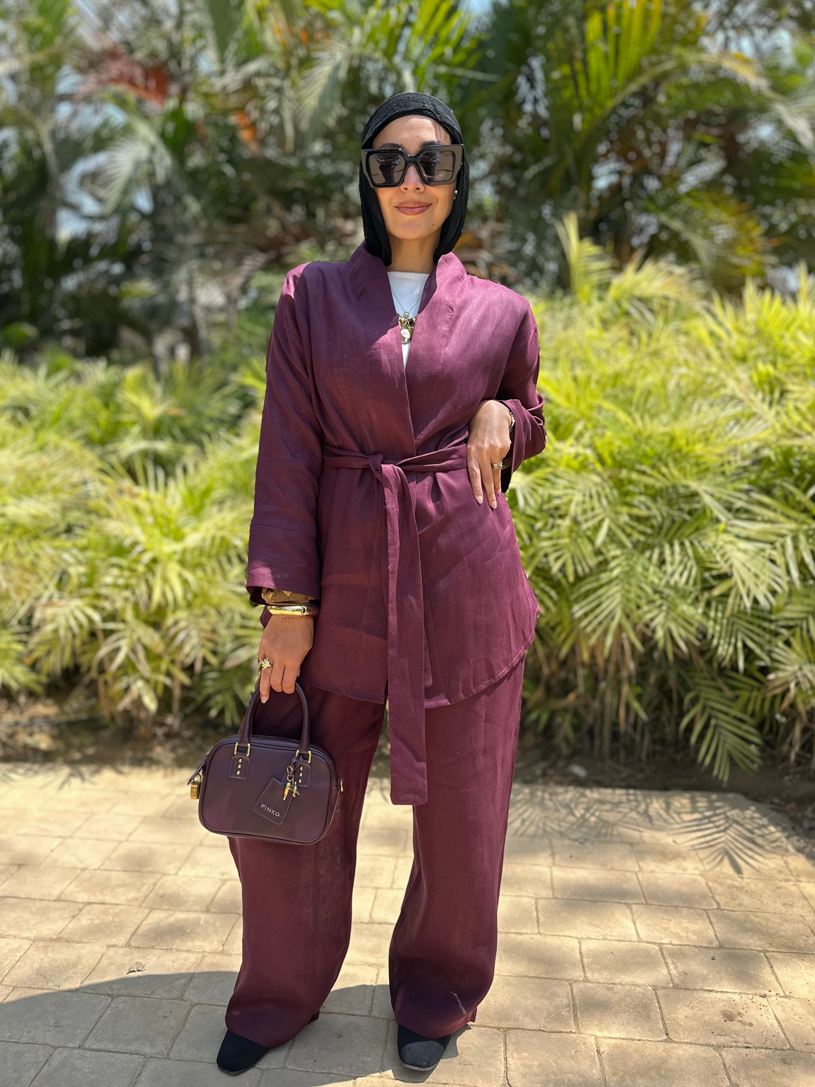 Pure linen set in burgundy