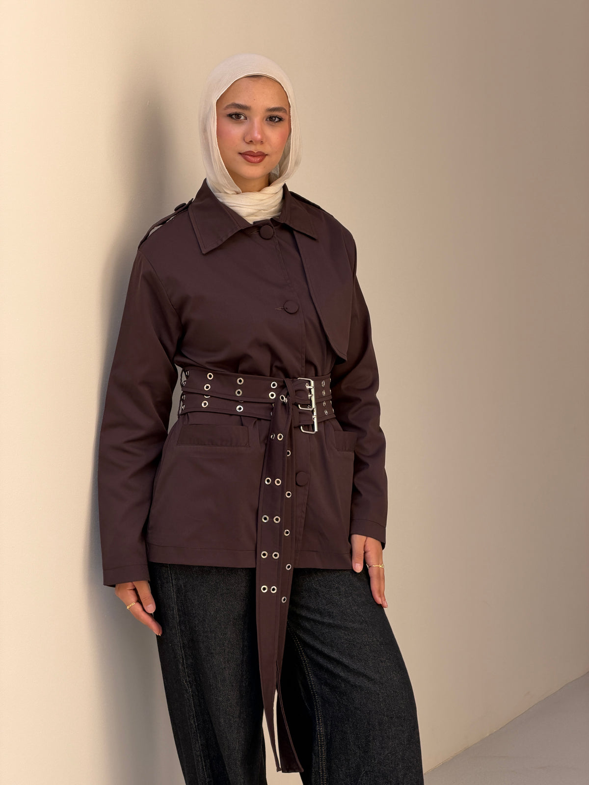 Double Belt Short Trench Coat in dark brown