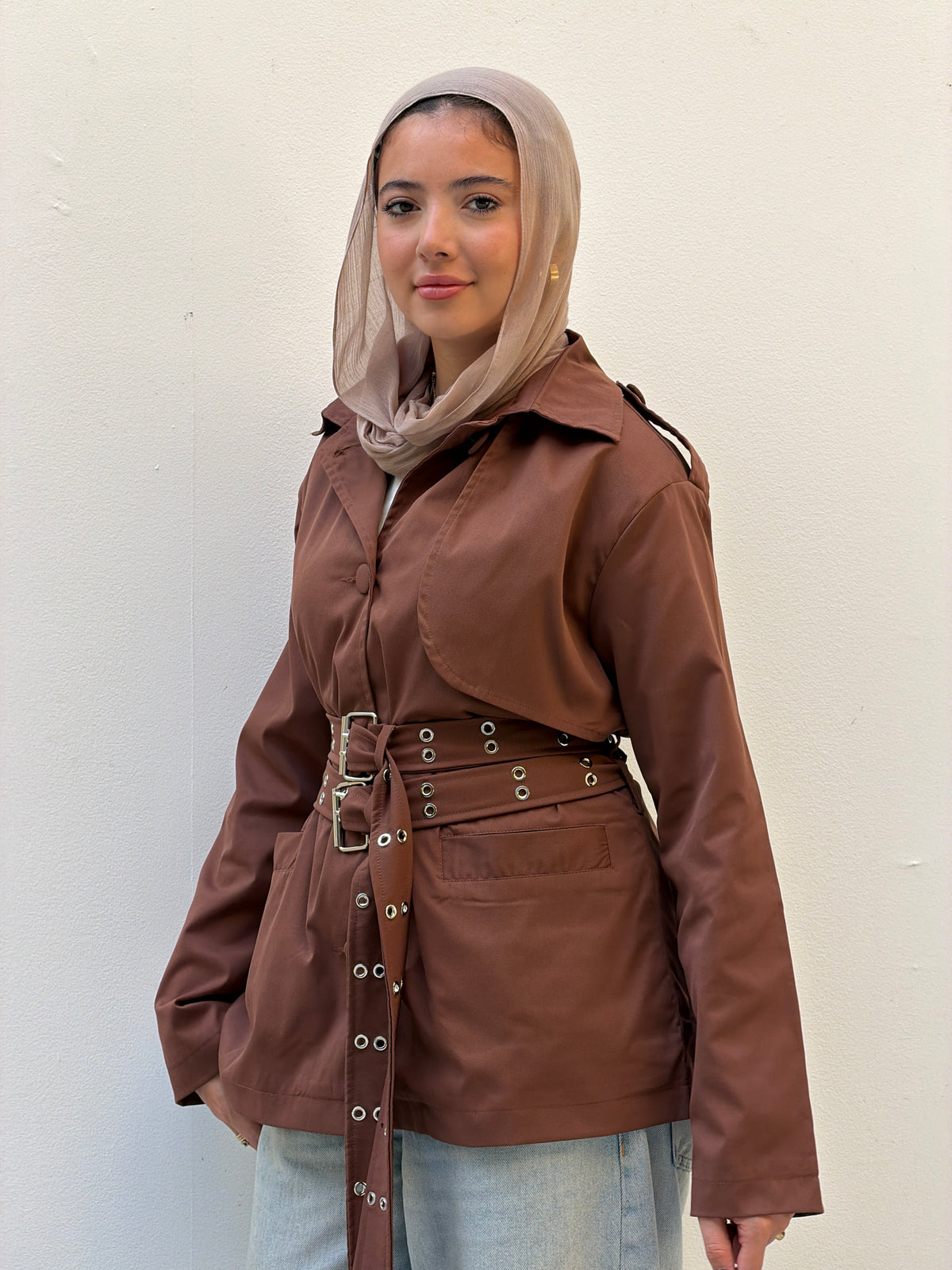 Double Belt Short Trench Coat in camel