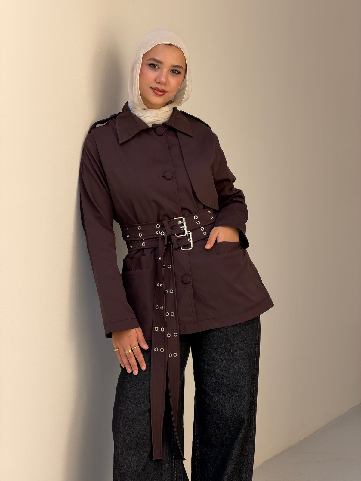 Double Belt Short Trench Coat in dark brown