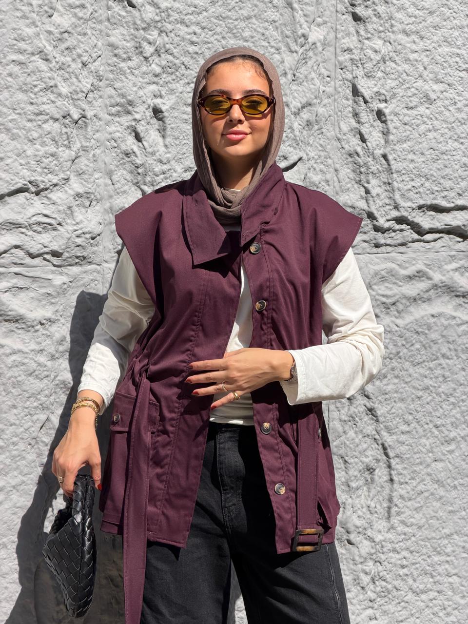 Belted Collar Vest in burgundy