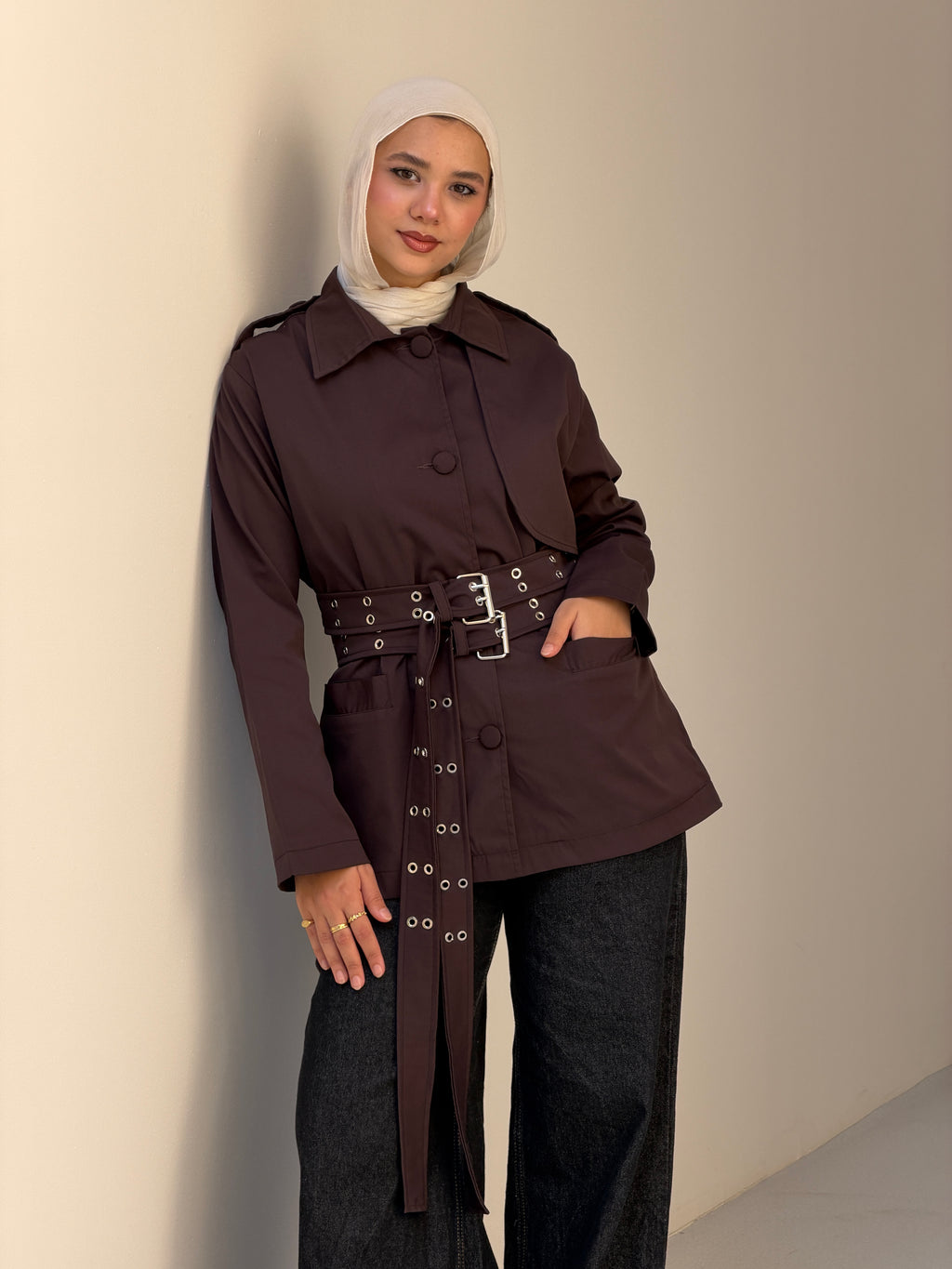 Double Belt Short Trench Coat in dark brown