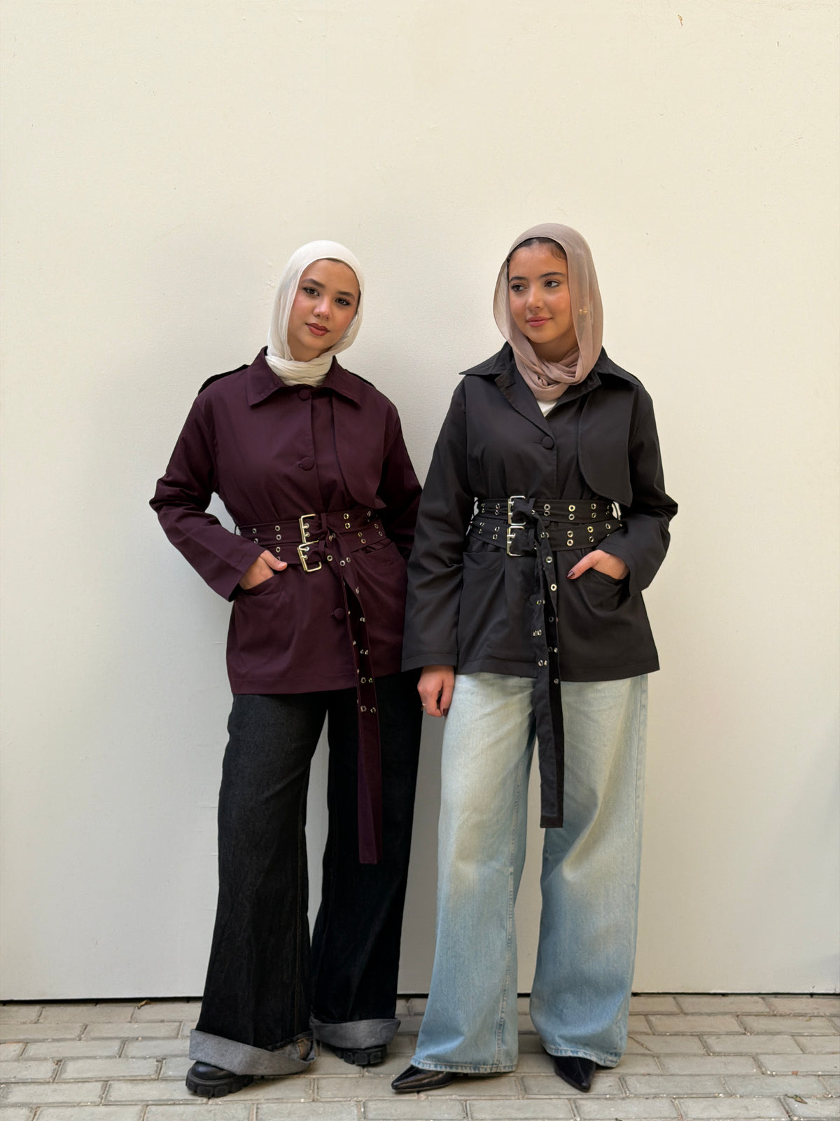 Double Belt Short Trench Coat in grey
