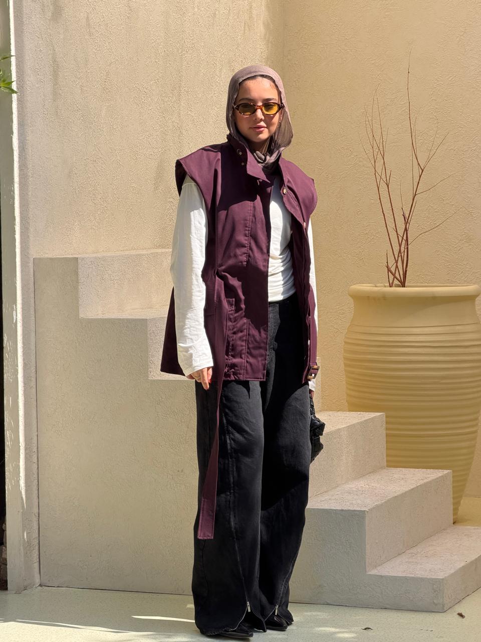 Belted Collar Vest in burgundy