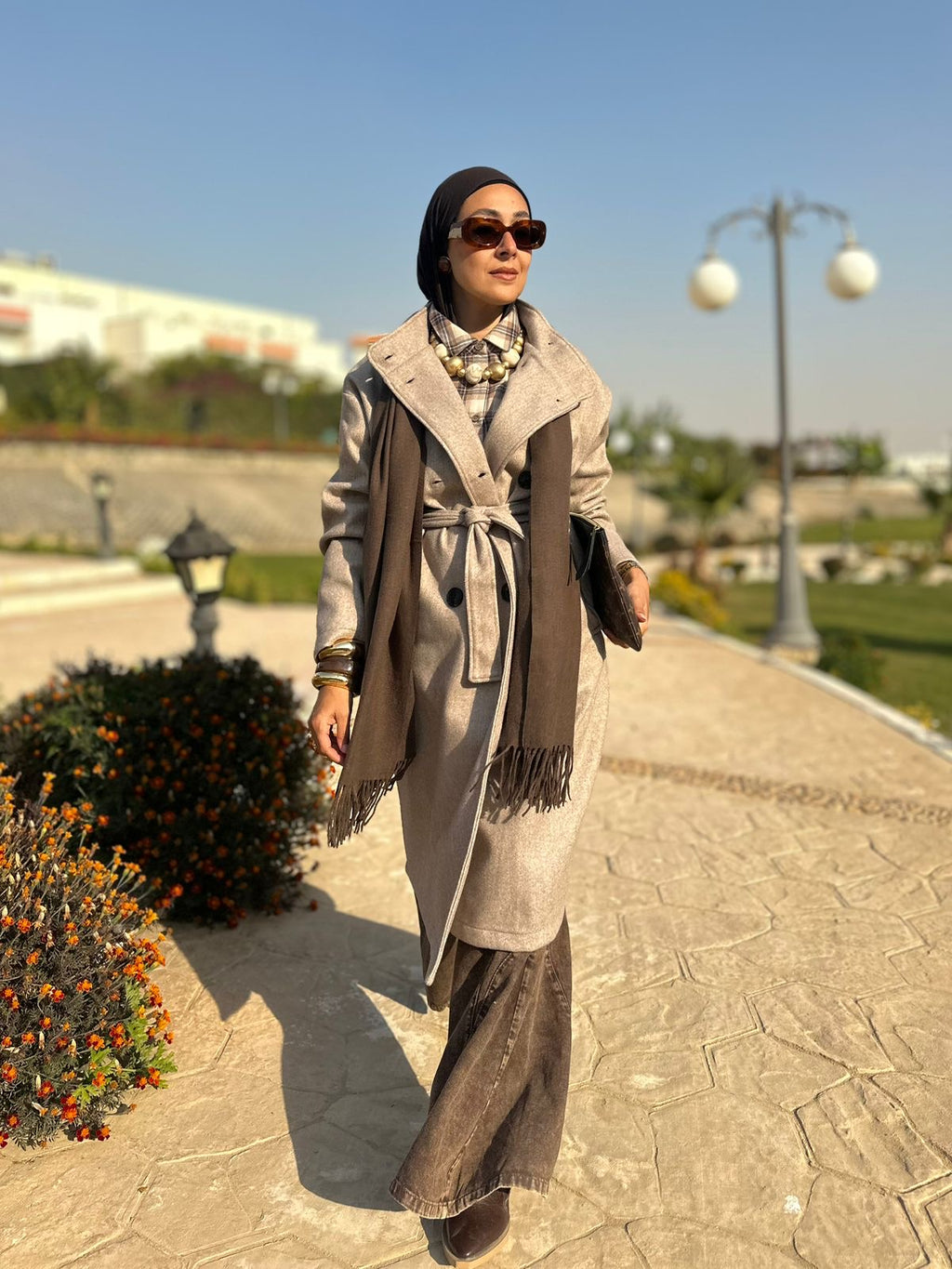 Soft wool coat in cafe