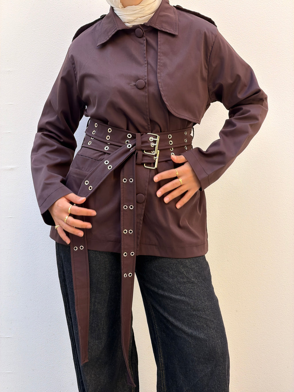 Double Belt Short Trench Coat in dark brown