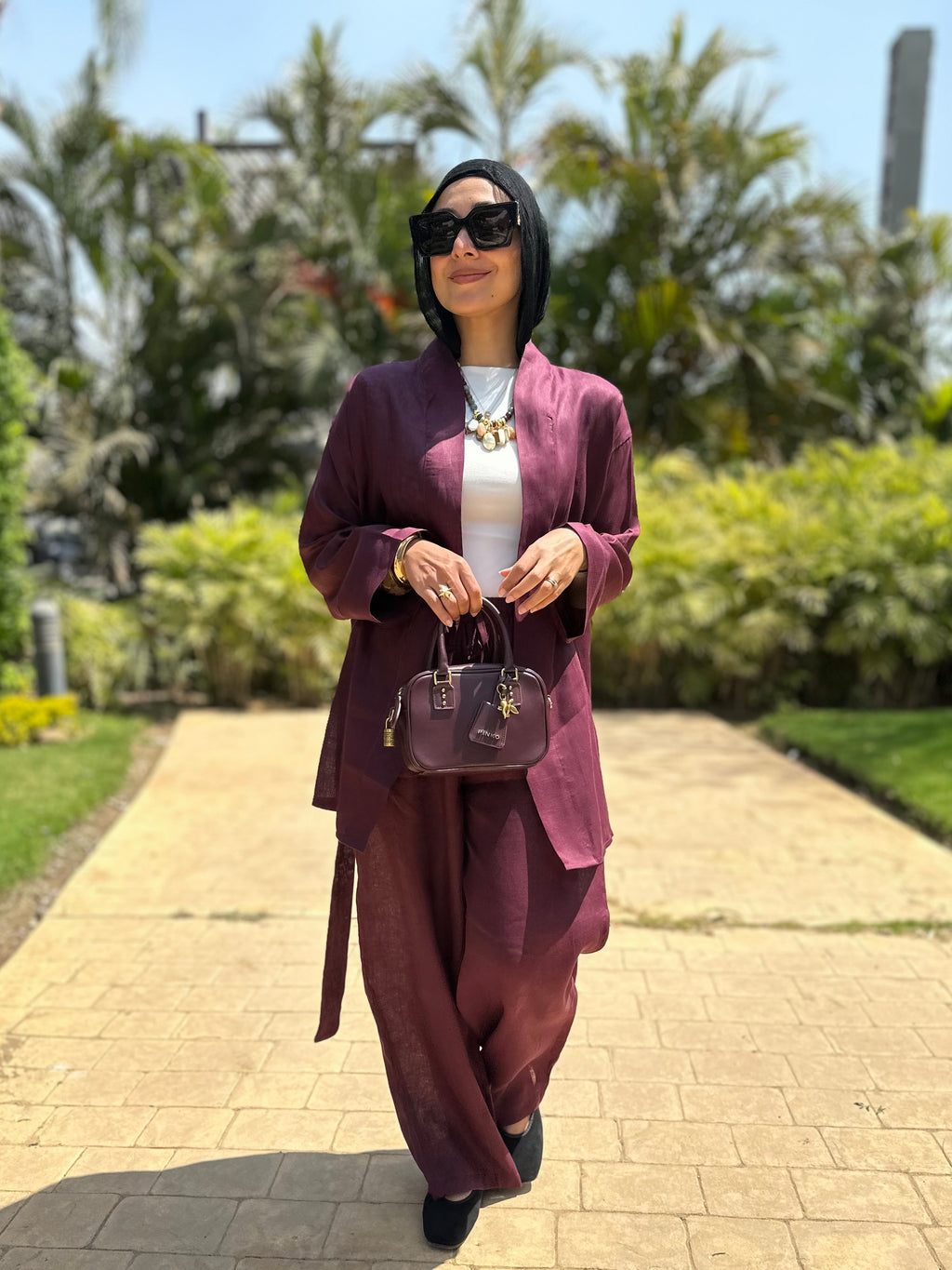 Pure linen set in burgundy