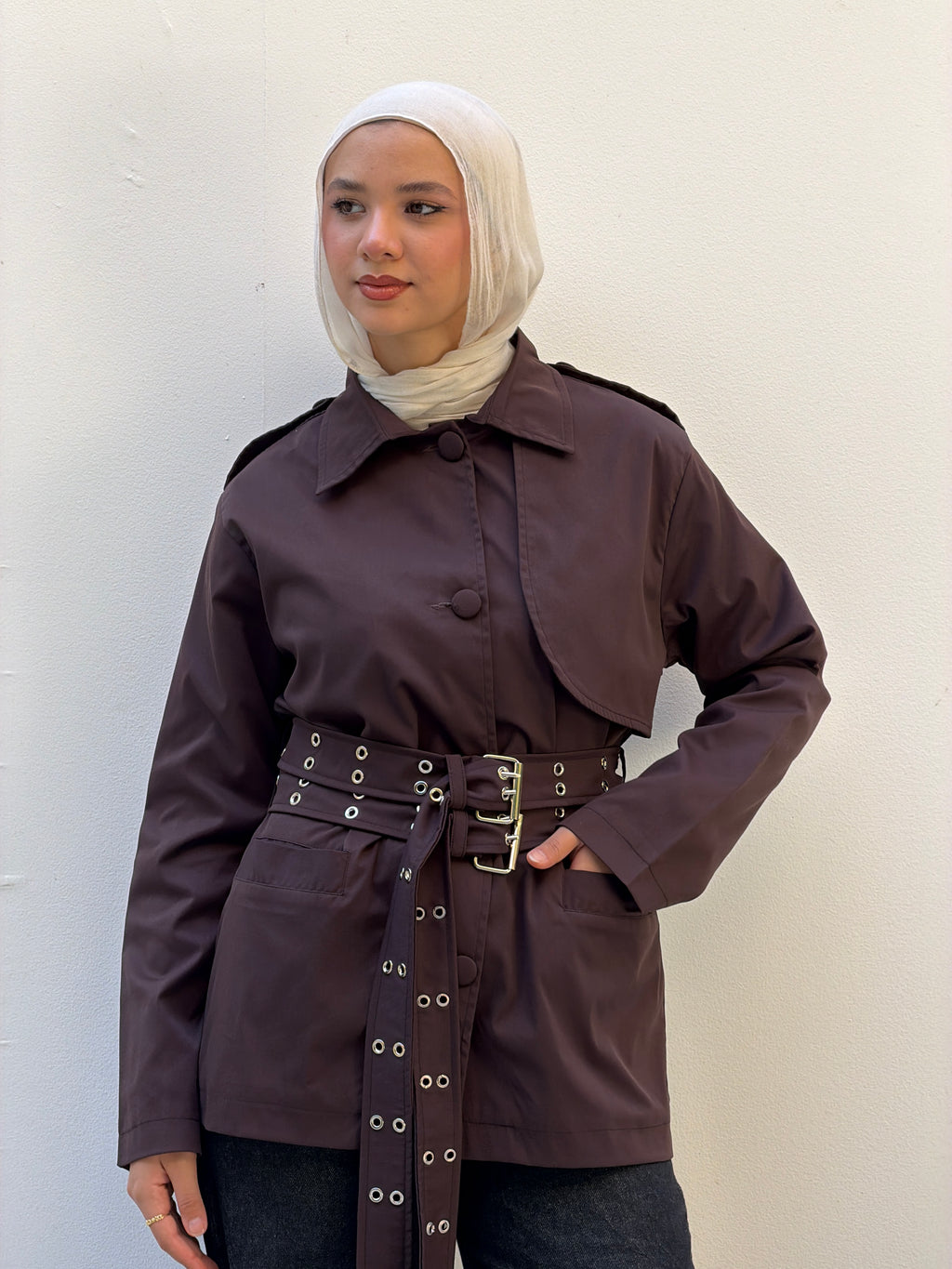 Double Belt Short Trench Coat in dark brown
