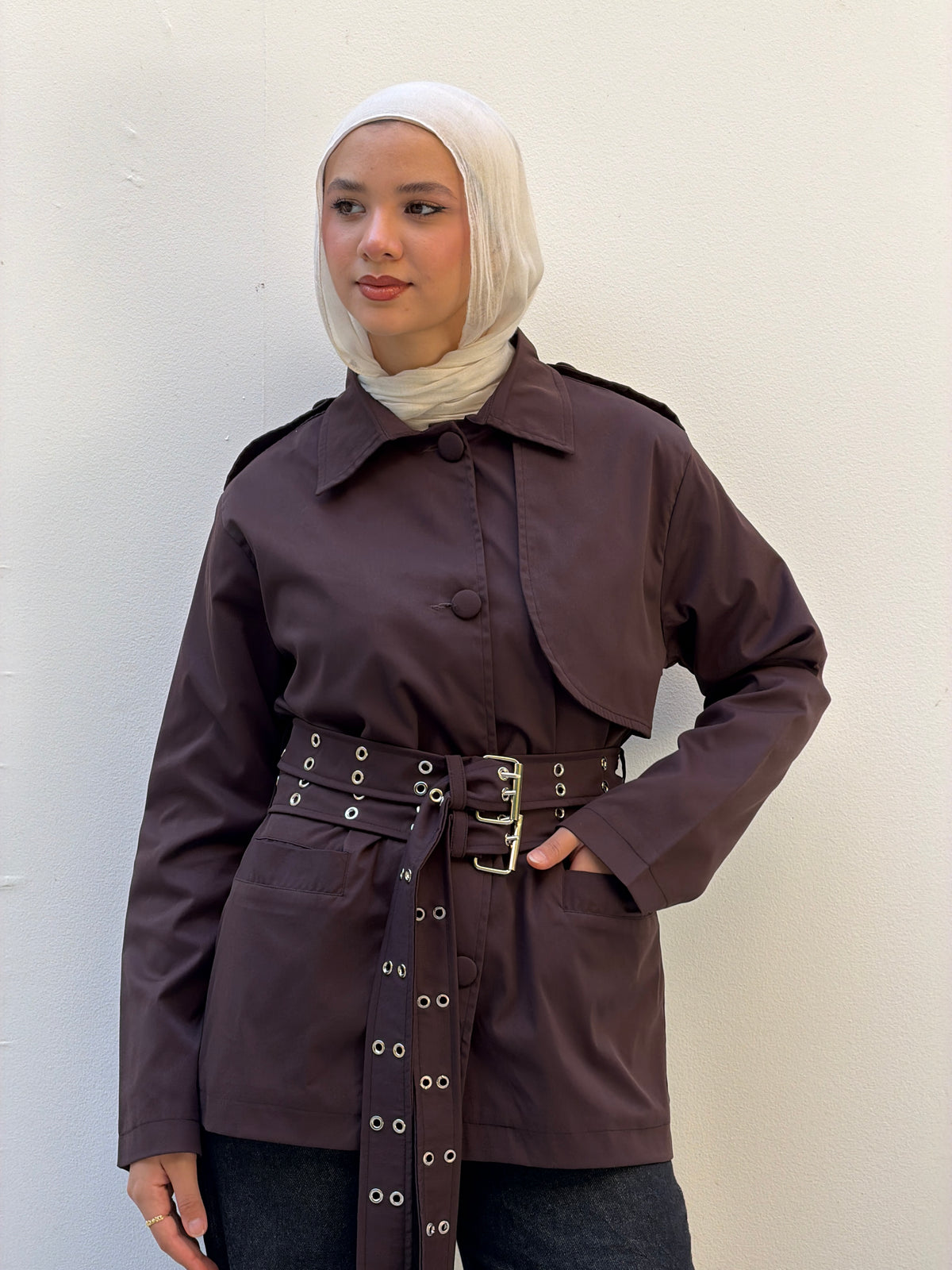 Double Belt Short Trench Coat in dark brown