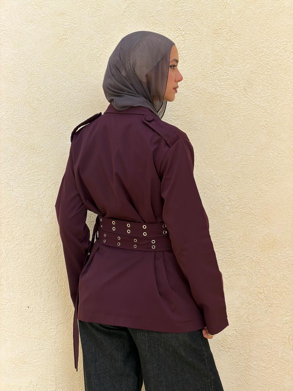 Double Belt Short Trench Coat in burgundy